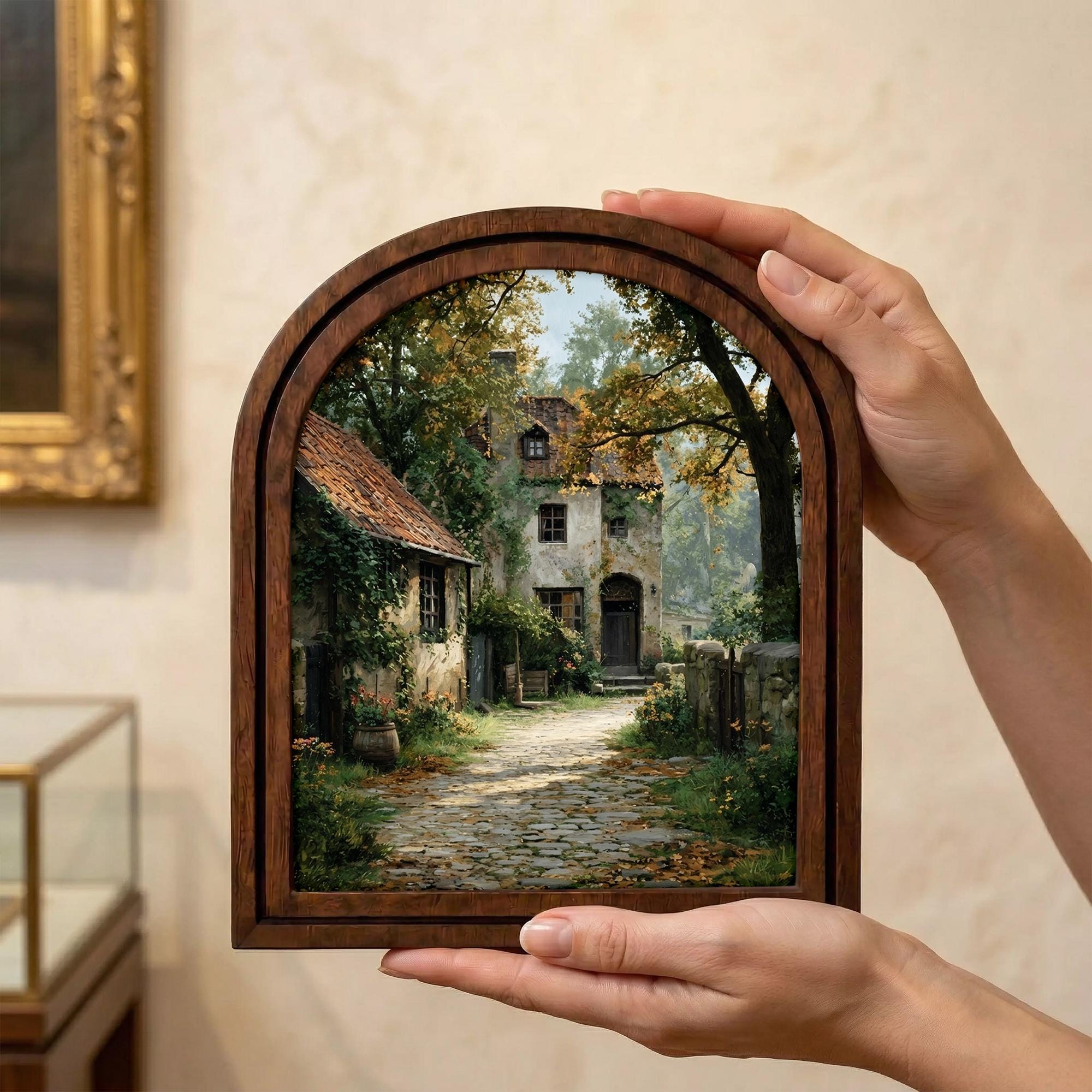 Cottagecore Wall Art, Arch Wood Picture Frame, Vintage Village Painting, English Countryside Decor, Arched Wood Wall Decor, Nature Wall Art