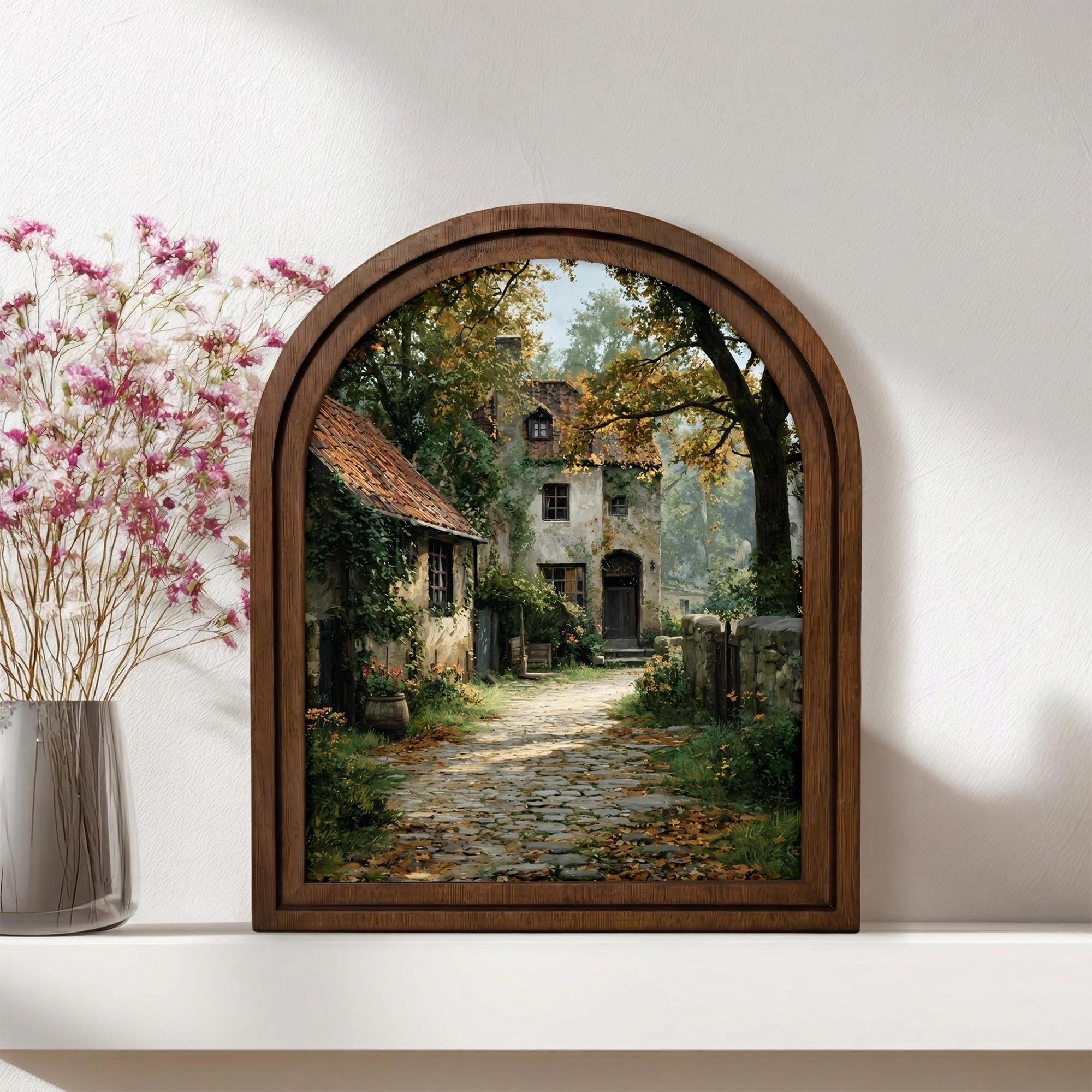 Cottagecore Wall Art, Arch Wood Picture Frame, Vintage Village Painting, English Countryside Decor, Arched Wood Wall Decor, Nature Wall Art