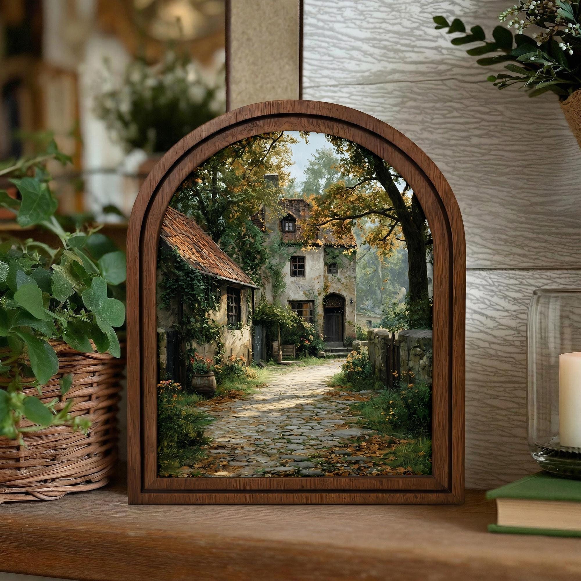 Cottagecore Wall Art, Arch Wood Picture Frame, Vintage Village Painting, English Countryside Decor, Arched Wood Wall Decor, Nature Wall Art