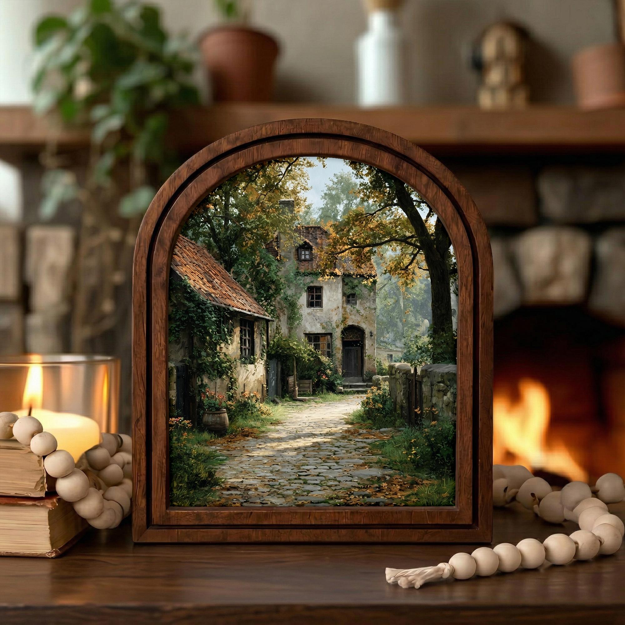 Cottagecore Wall Art, Arch Wood Picture Frame, Vintage Village Painting, English Countryside Decor, Arched Wood Wall Decor, Nature Wall Art