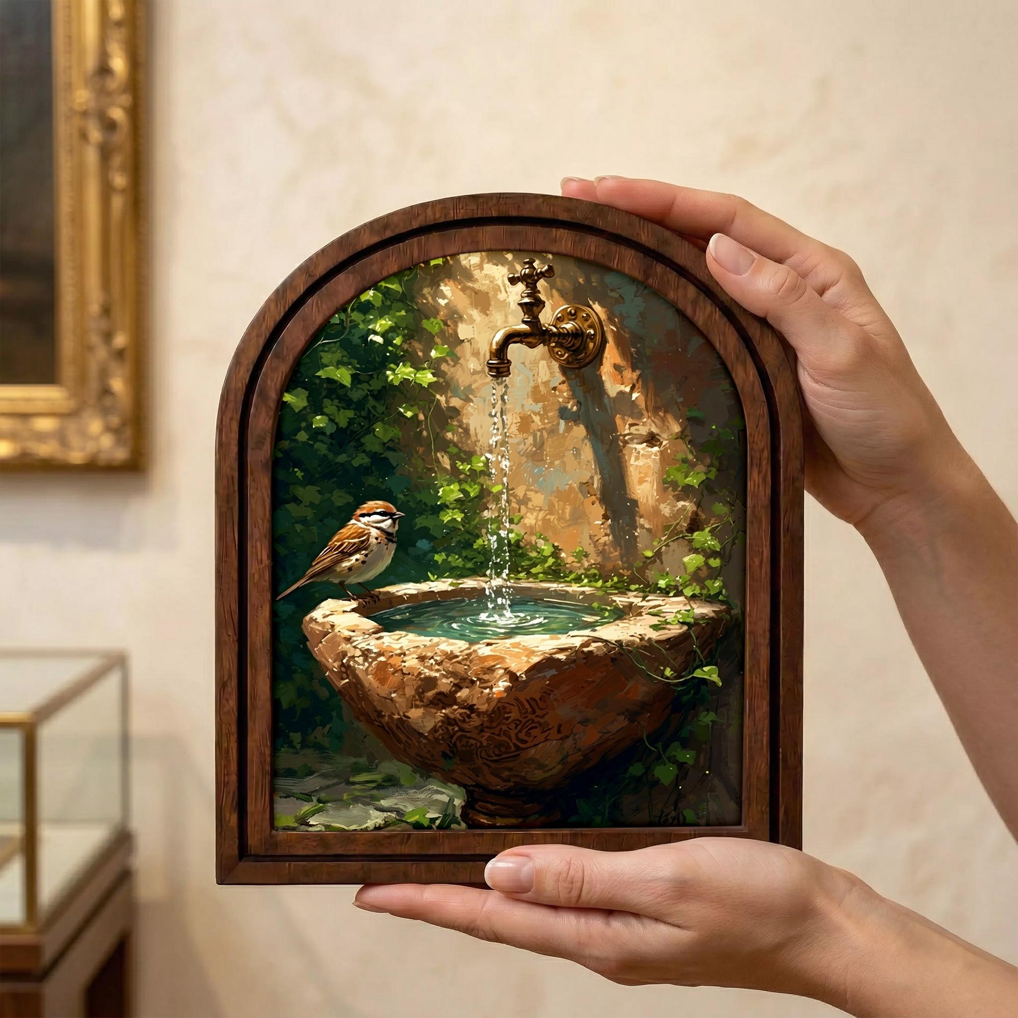 Cottagecore Wall Art, Arch Wood Picture Frame, Vintage Bird Painting, Rustic Garden Decor, Arched Wooden Wall Decor, Nature Canvas Print