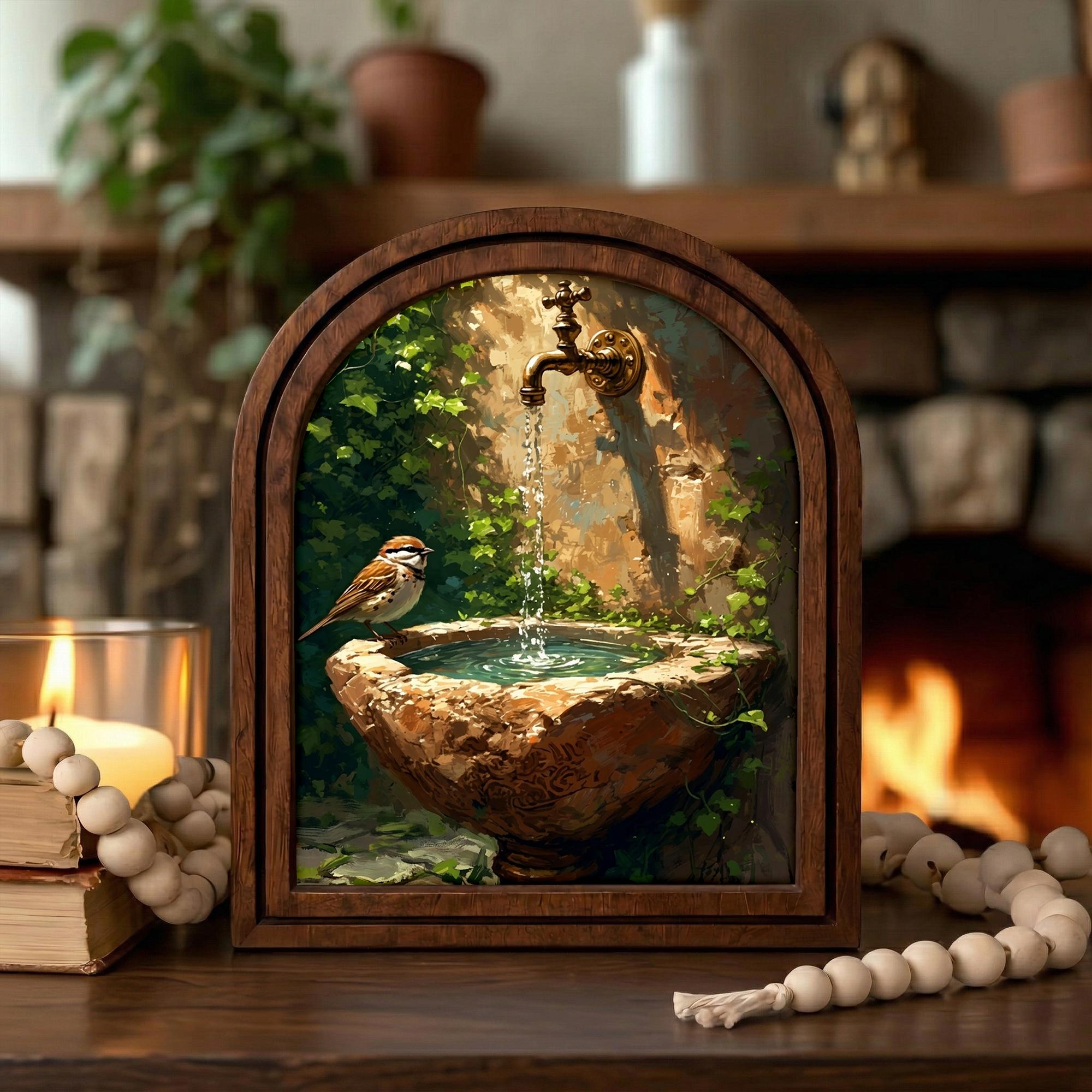 Cottagecore Wall Art, Arch Wood Picture Frame, Vintage Bird Painting, Rustic Garden Decor, Arched Wooden Wall Decor, Nature Canvas Print