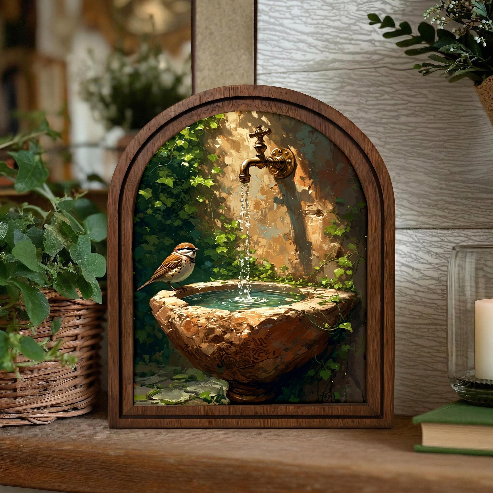 Cottagecore Wall Art, Arch Wood Picture Frame, Vintage Bird Painting, Rustic Garden Decor, Arched Wooden Wall Decor, Nature Canvas Print