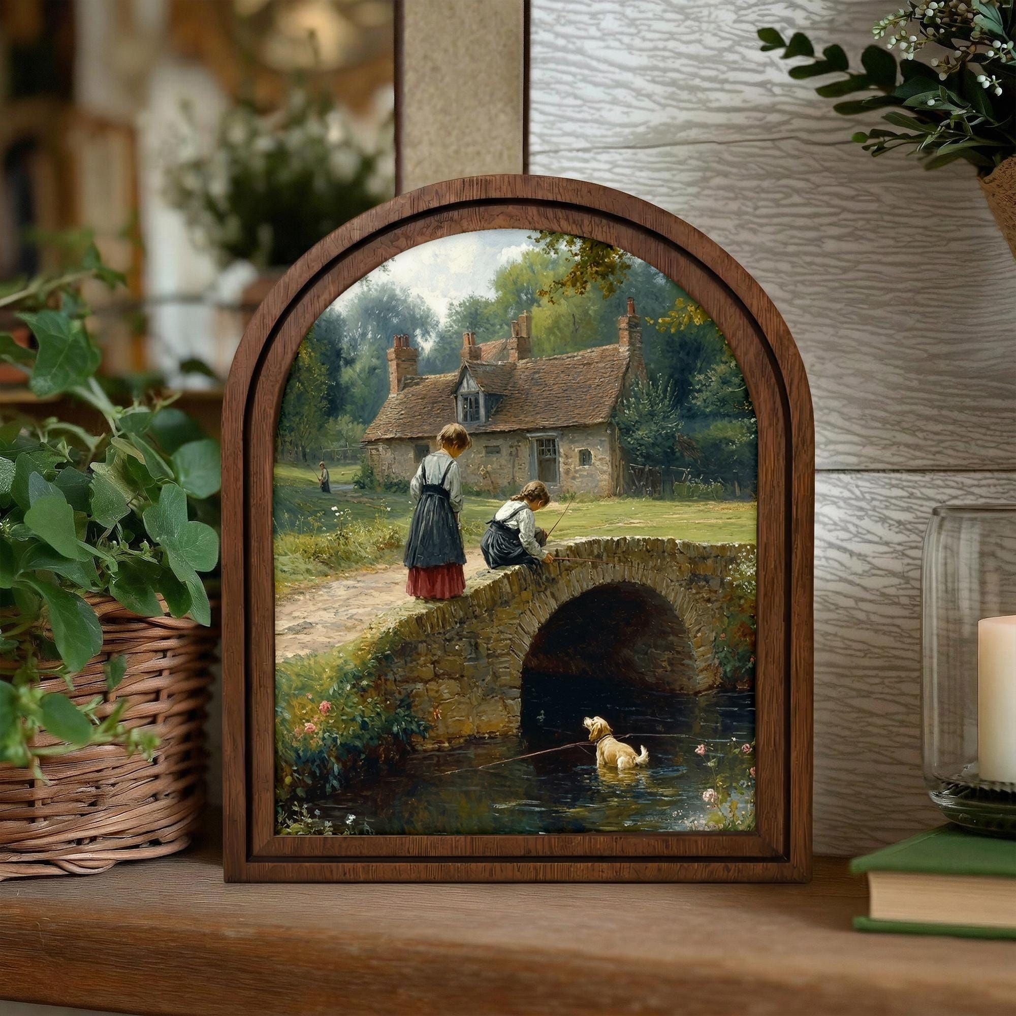 Cottagecore Wall Art, Vintage Landscape Art, Country River Painting, Stone Bridge Poster, Rustic Wood Canvas Art, Antique Scenery Print,Gift