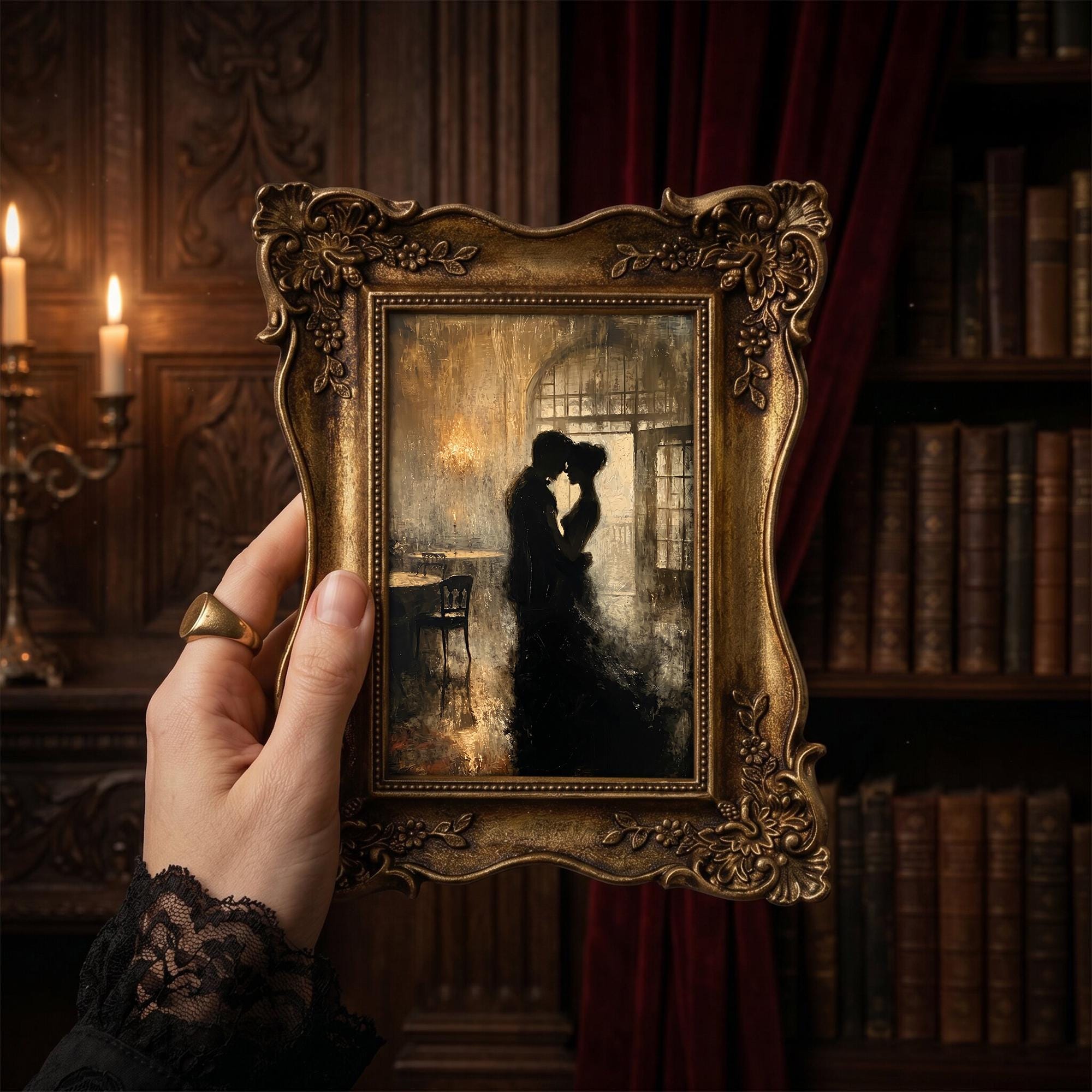 Dark Academia Wall Art, Romantic Gothic Couple Canvas Print, Vintage Gold Ornate Frame, Moody Library Decor, Bookish Gift, Framed Mini Art