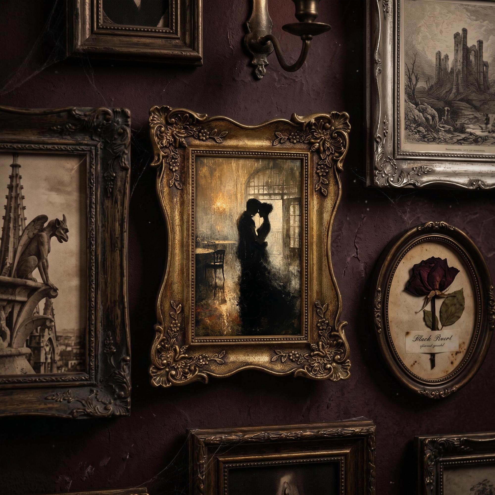 Dark Academia Wall Art, Romantic Gothic Couple Canvas Print, Vintage Gold Ornate Frame, Moody Library Decor, Bookish Gift, Framed Mini Art