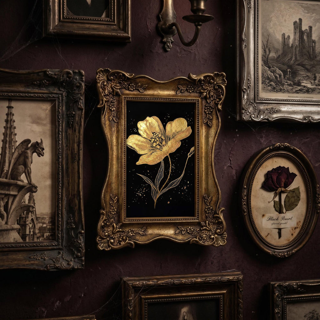 Dark Academia Wall Art, Gold Flower Canvas Painting in Ornate Frame, Botanical Gothic Home Decor, Victorian Gold Framed Art, Floral Gift