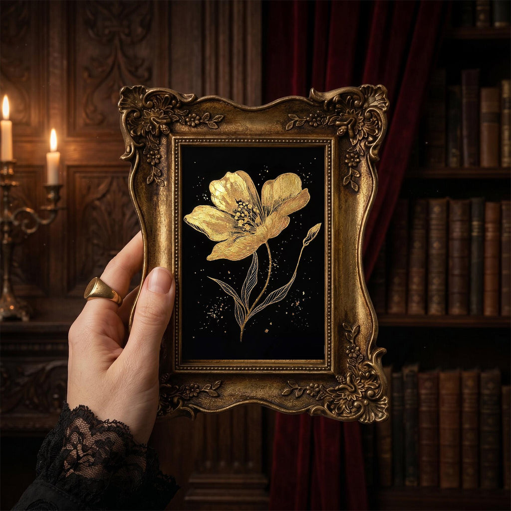Dark Academia Wall Art, Gold Flower Canvas Painting in Ornate Frame, Botanical Gothic Home Decor, Victorian Gold Framed Art, Floral Gift