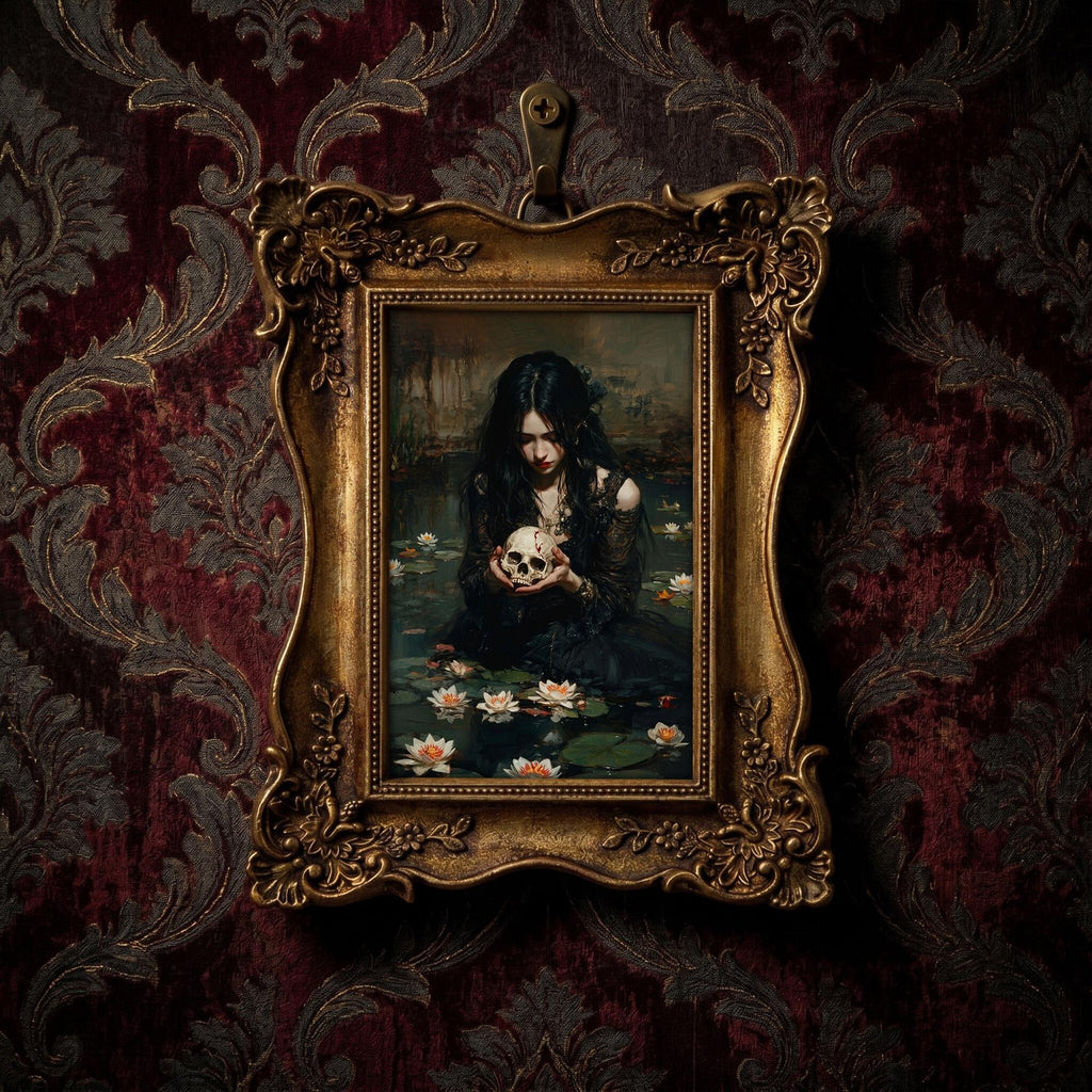 Dark Academia Wall Art, Gothic Home Decor Ornate Gold Frame with Macabre Painting, Victorian Horror Art, Dark Aesthetic Gallery Wall Gift