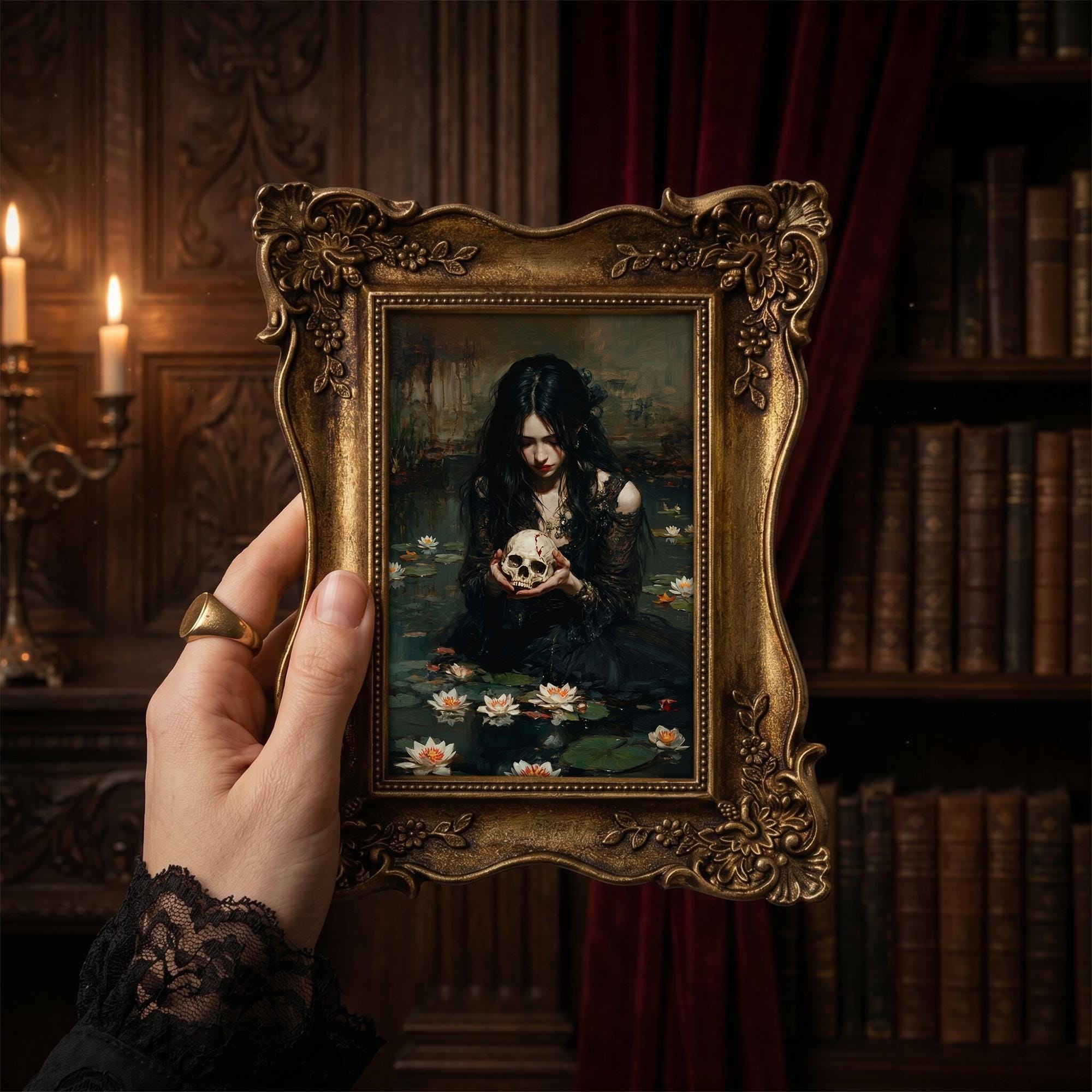 Dark Academia Wall Art, Gothic Home Decor Ornate Gold Frame with Macabre Painting, Victorian Horror Art, Dark Aesthetic Gallery Wall Gift