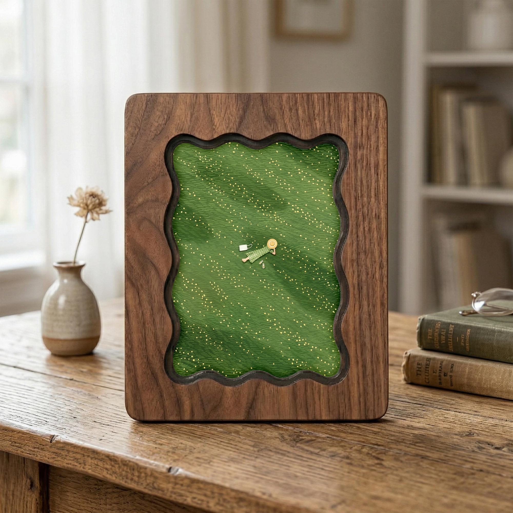 Scalloped Walnut Wood Frame, Cottagecore Wall Art, Wavy Picture Frame, Minimalist Girl in Meadow Print, 3-Layer Plywood Art, Aesthetic Gift