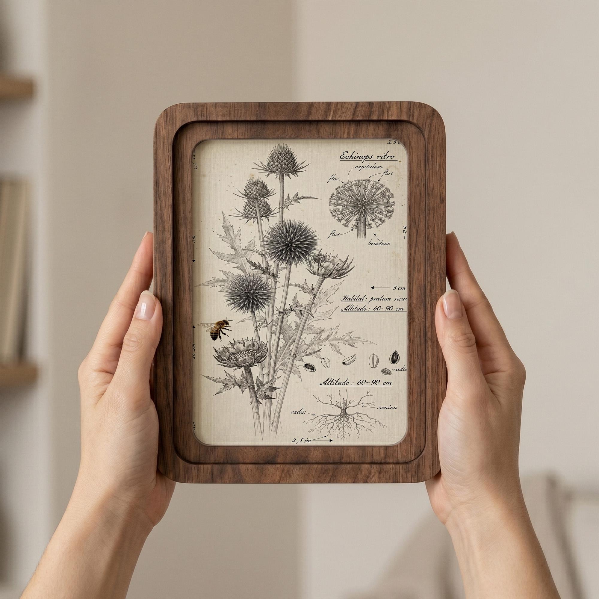 Botanical Wall Art, Vintage Thistle Flower Print, Echinops Ritro Illustration, Herbalist Gift, Wood Canvas Frame, 7x9 9x11 11x14 14x18 In