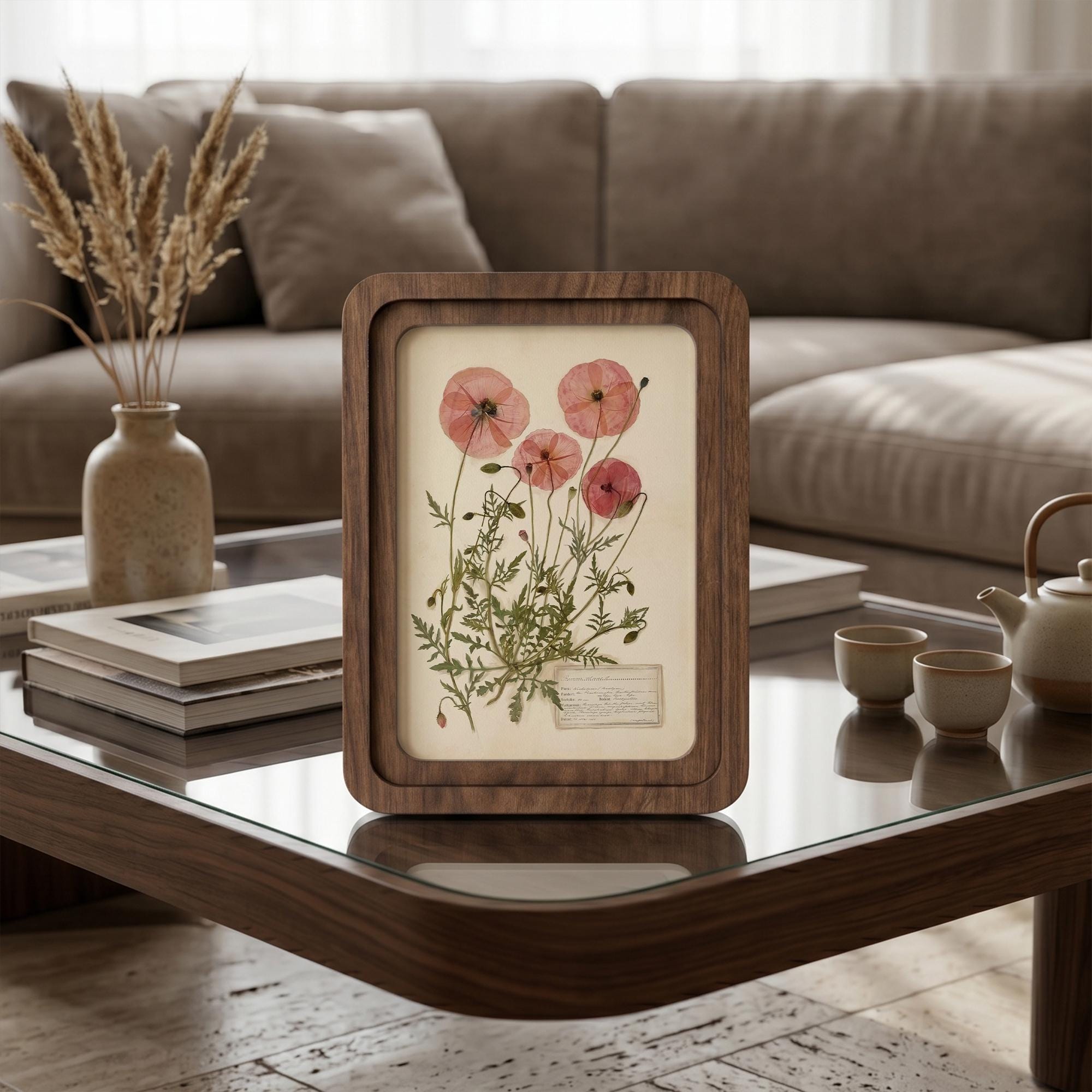 Pink Poppy Wall Art, Pressed Flower Print, Vintage Herbarium Decor, Framed Canvas Wood Art, Botanical Poppy Gift, Cottagecore Home Decor