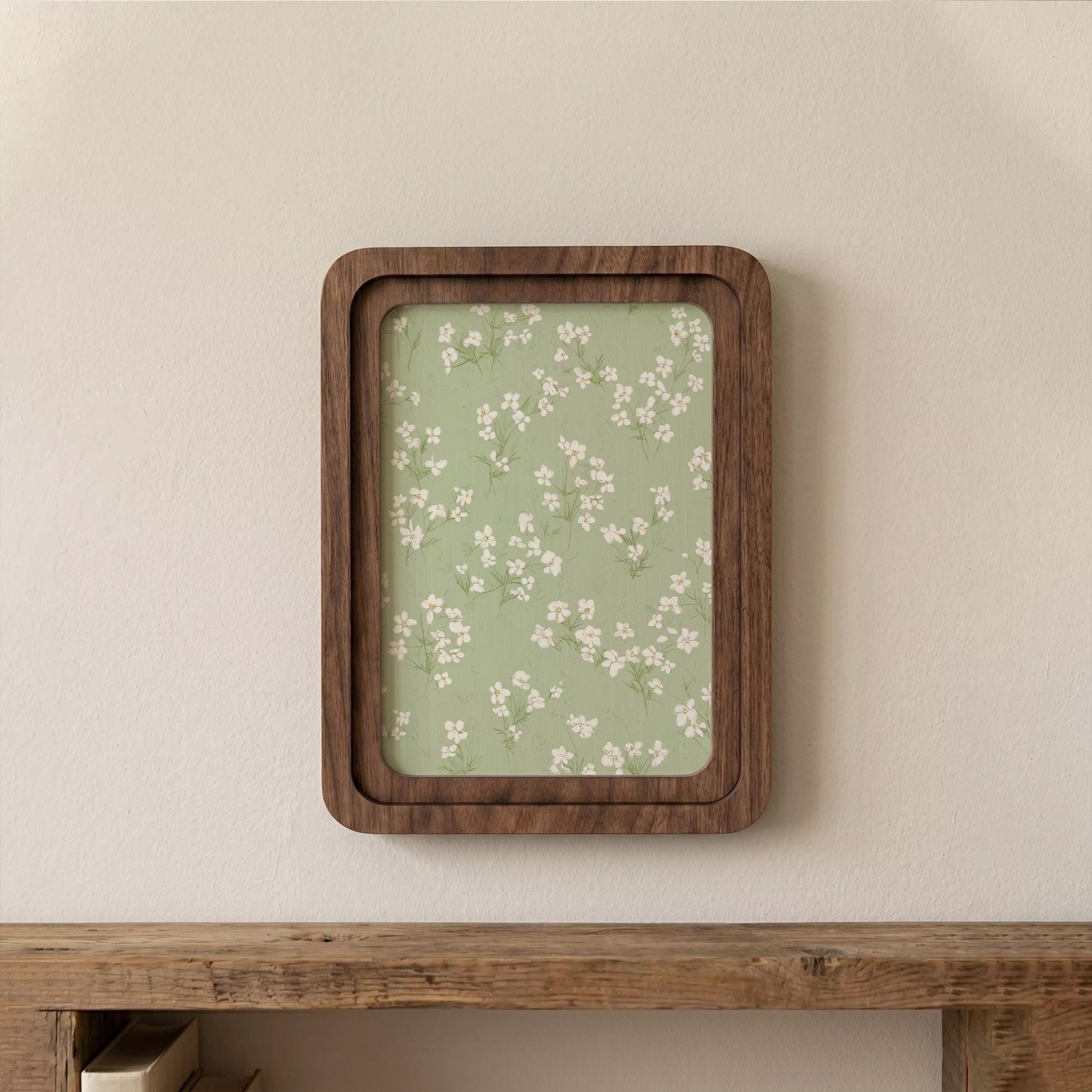 Small White Flowers Art, Sage Green Wall Decor, Framed Canvas Wood Art, Cottagecore Floral Print, Pastel Nursery Decor, Nature Gift