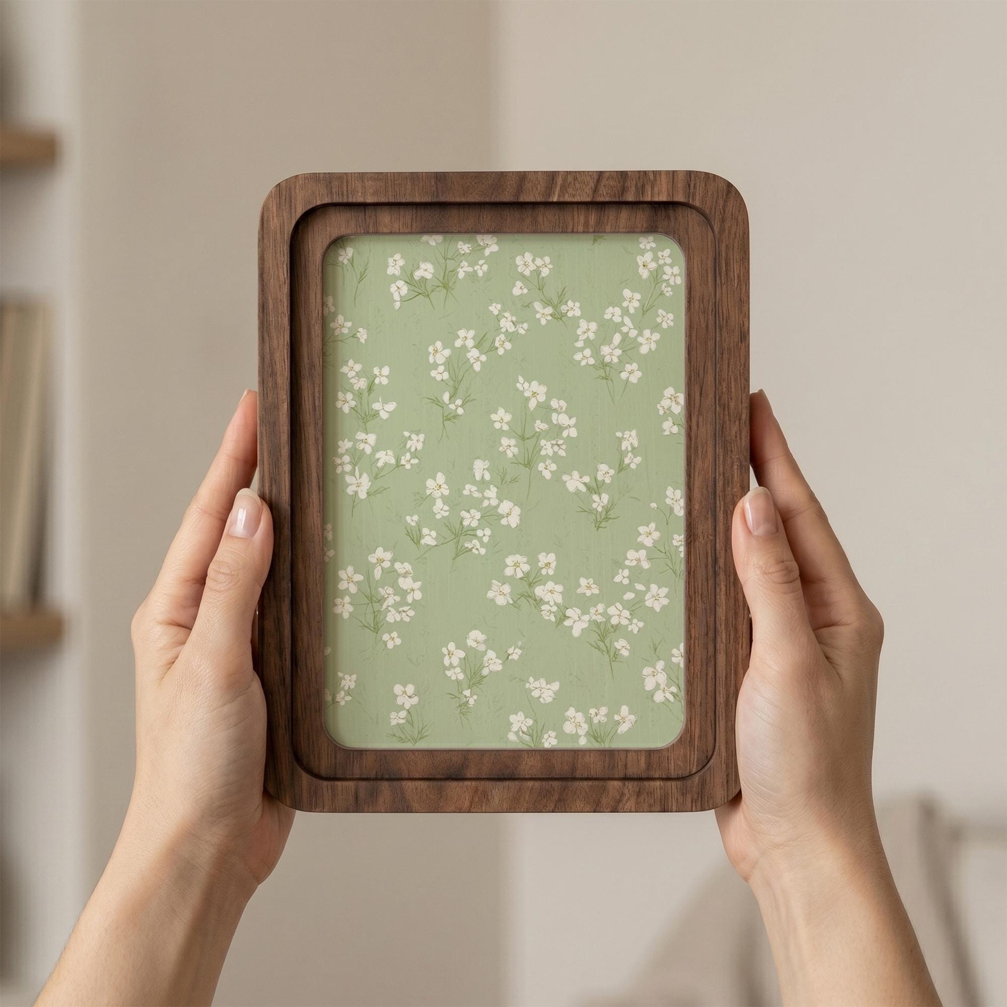 Small White Flowers Art, Sage Green Wall Decor, Framed Canvas Wood Art, Cottagecore Floral Print, Pastel Nursery Decor, Nature Gift