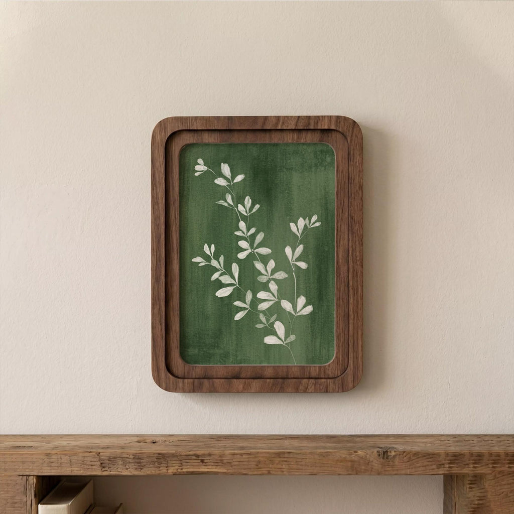 Sage Green Wall Art, White Botanical Print, Framed Canvas Wood Art, Emerald Green Decor, Nature Lover Gift, Minimalist Leaf Art, Boho Decor