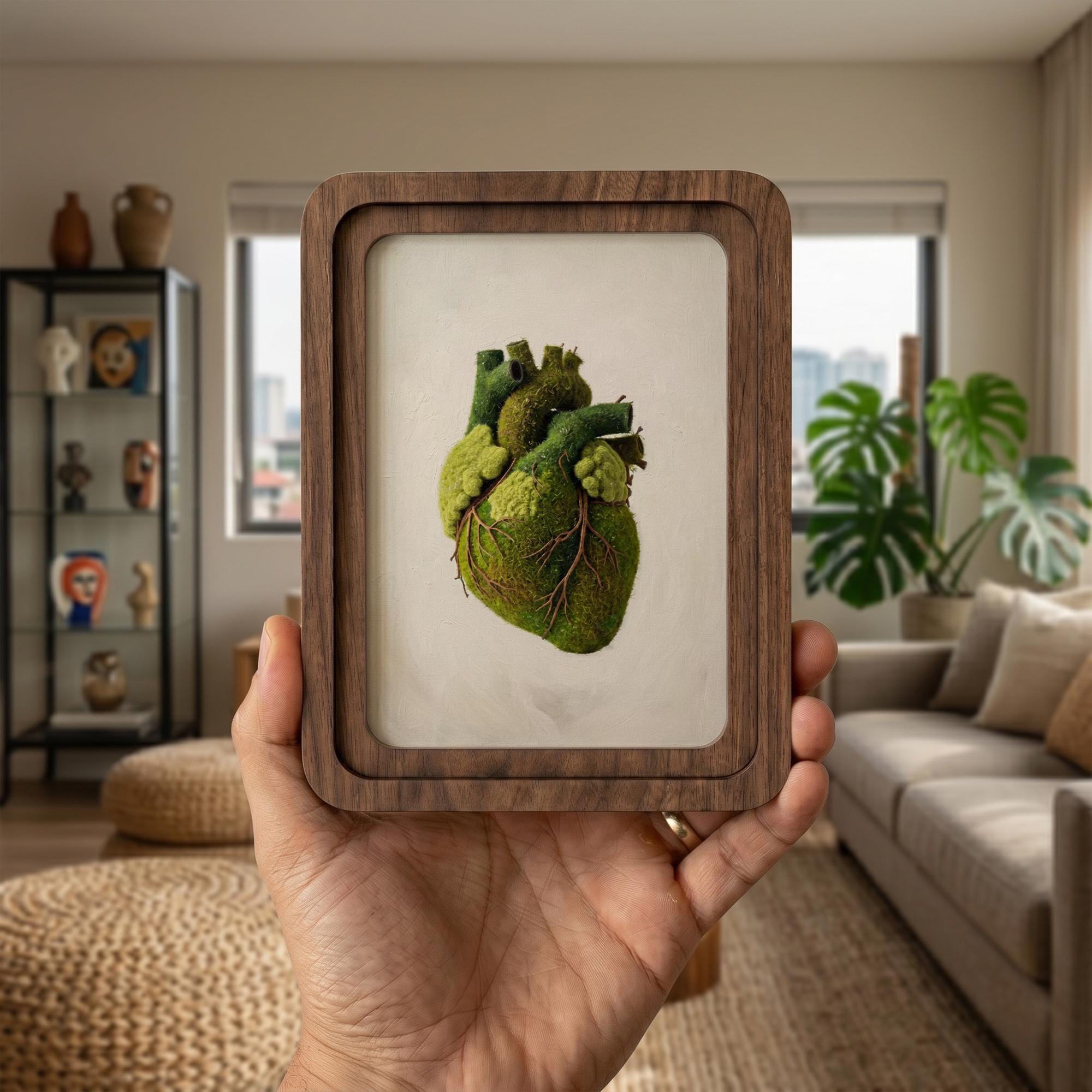 Anatomical Heart Wall Art, Green Moss Heart Decor, Framed Canvas Wood Art, Cardiologist Gift, Medical Art, Nature Lover Gift,Spiritual Decor