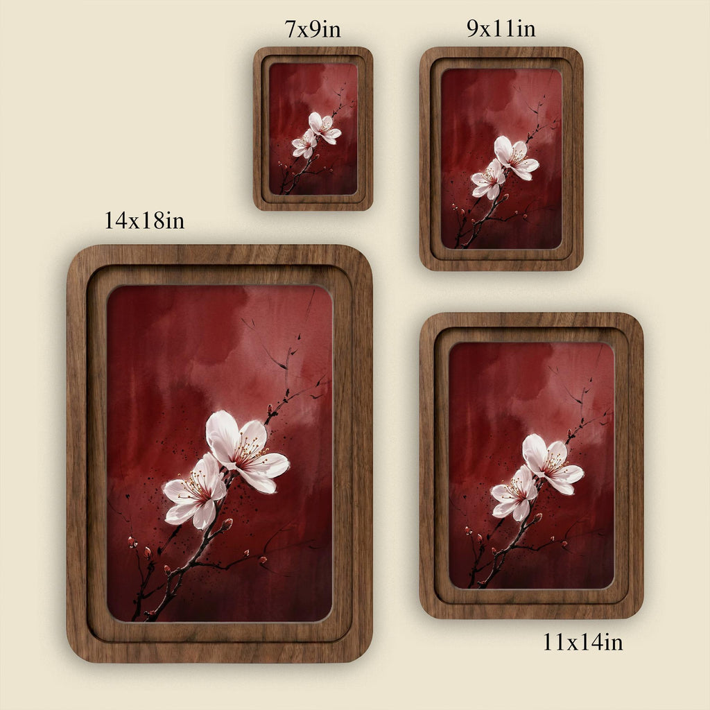 Cherry Blossom Wall Art, Japanese Floral Painting, Framed Canvas Wood Art, Red Abstract Decor, Asian Botanical Print, Zen Gift, Nature Art