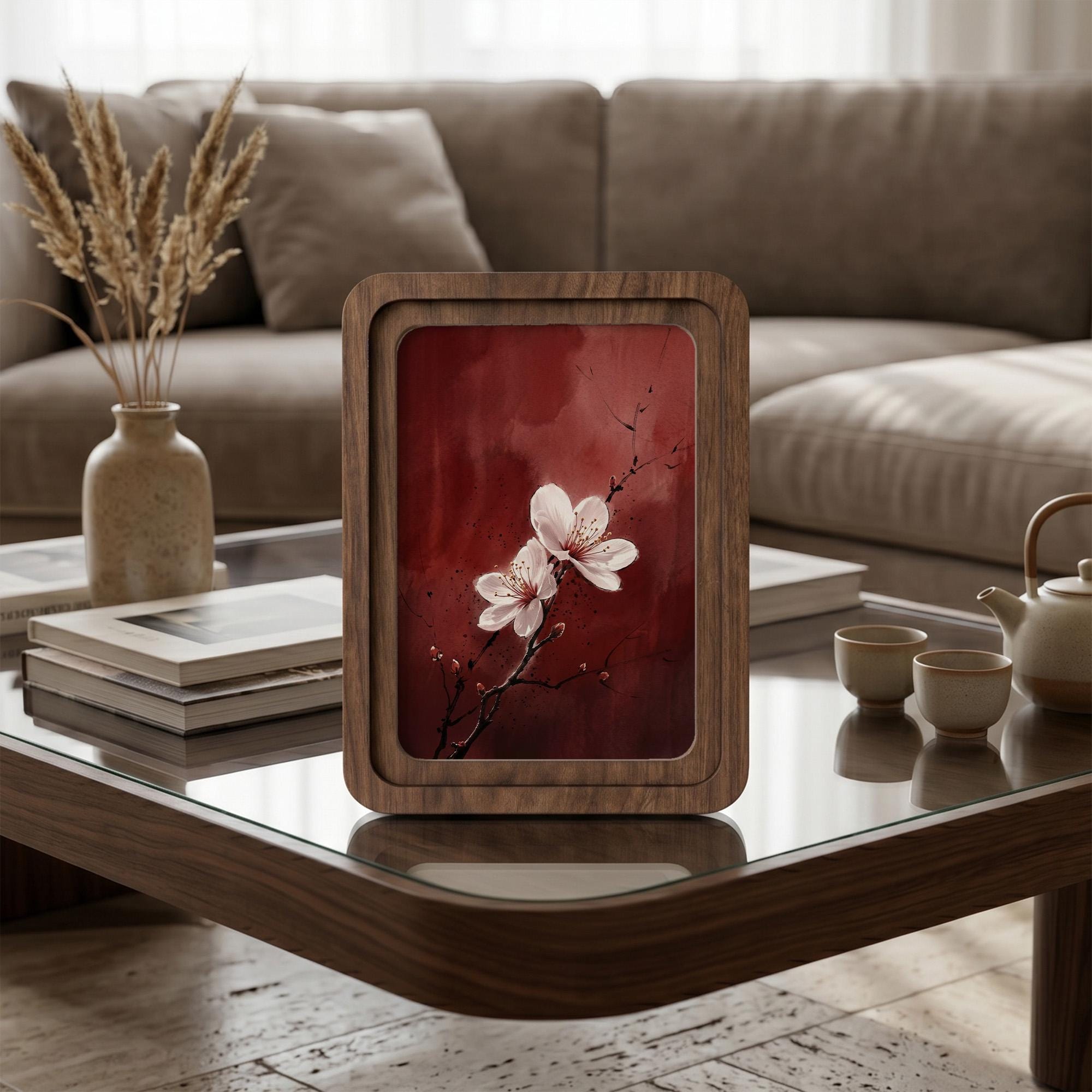 Cherry Blossom Wall Art, Japanese Floral Painting, Framed Canvas Wood Art, Red Abstract Decor, Asian Botanical Print, Zen Gift, Nature Art