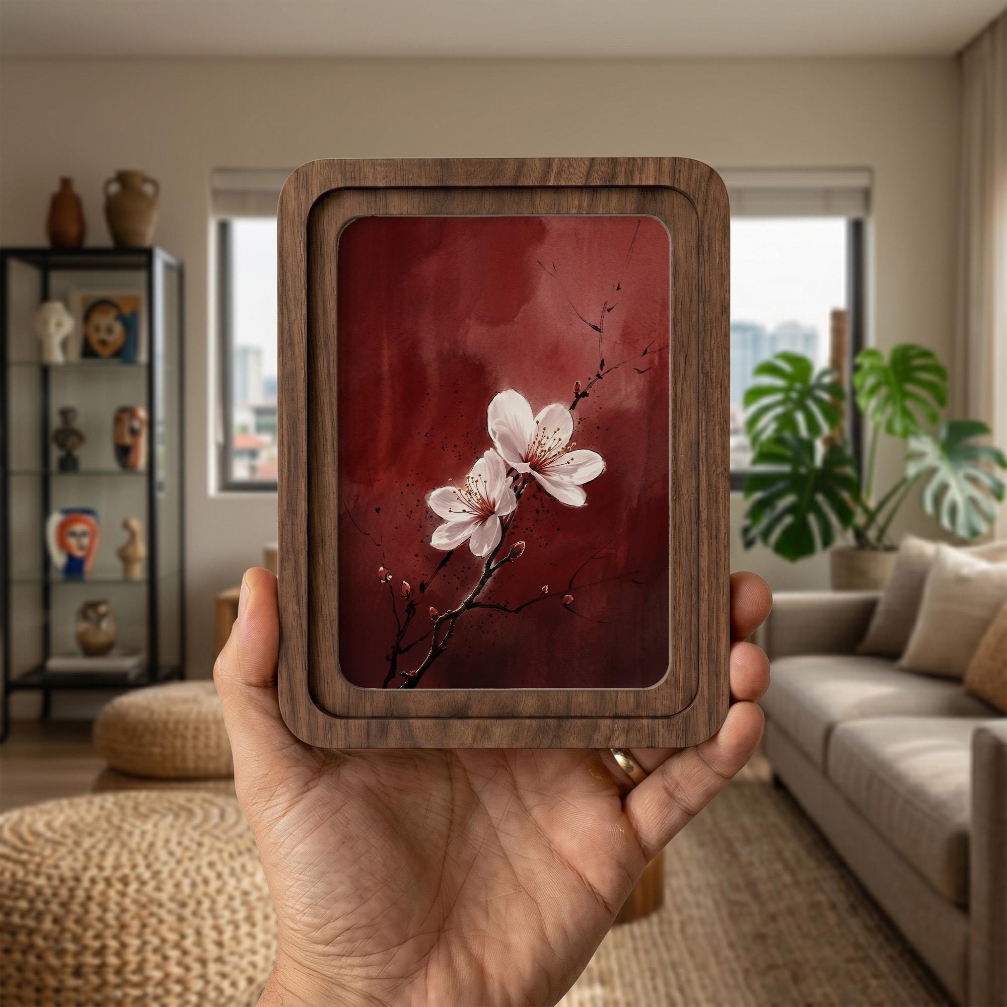 Cherry Blossom Wall Art, Japanese Floral Painting, Framed Canvas Wood Art, Red Abstract Decor, Asian Botanical Print, Zen Gift, Nature Art