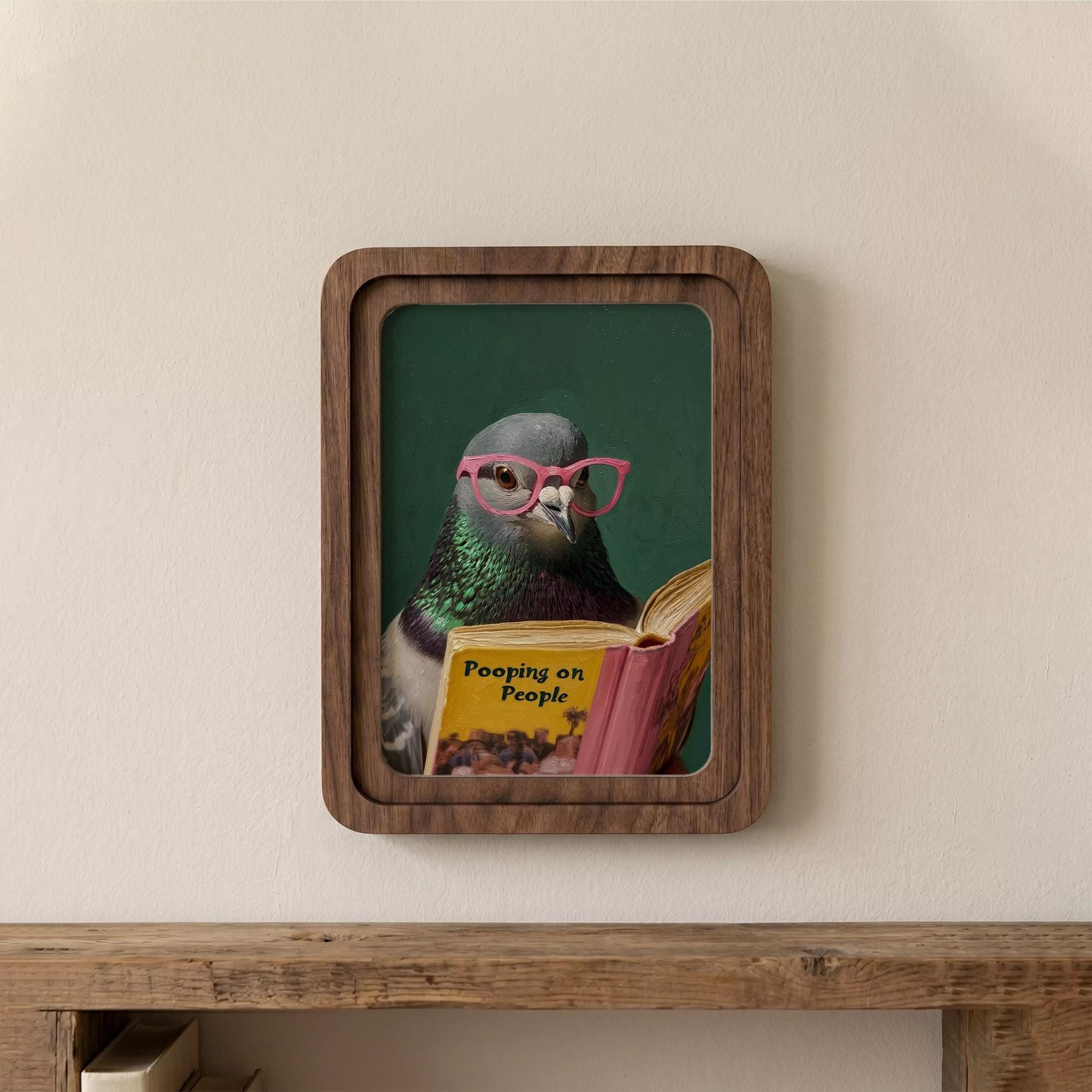 Funny Pigeon Wall Art, Humorous Bird Decor, Pooping on People Book Print, Framed Canvas Wood Art, Quirky Gift, Office Decor, Gag Gift Idea