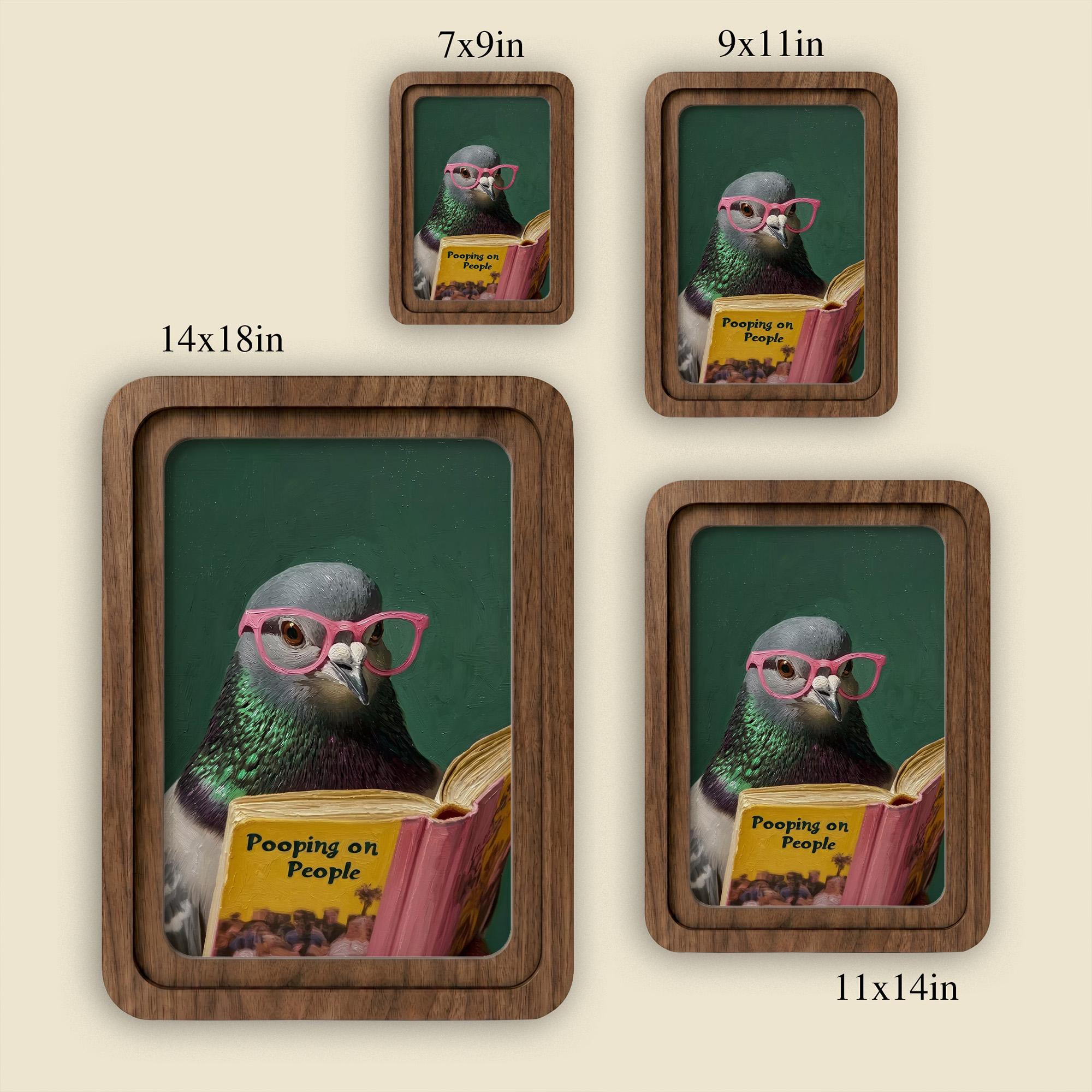 Funny Pigeon Wall Art, Humorous Bird Decor, Pooping on People Book Print, Framed Canvas Wood Art, Quirky Gift, Office Decor, Gag Gift Idea