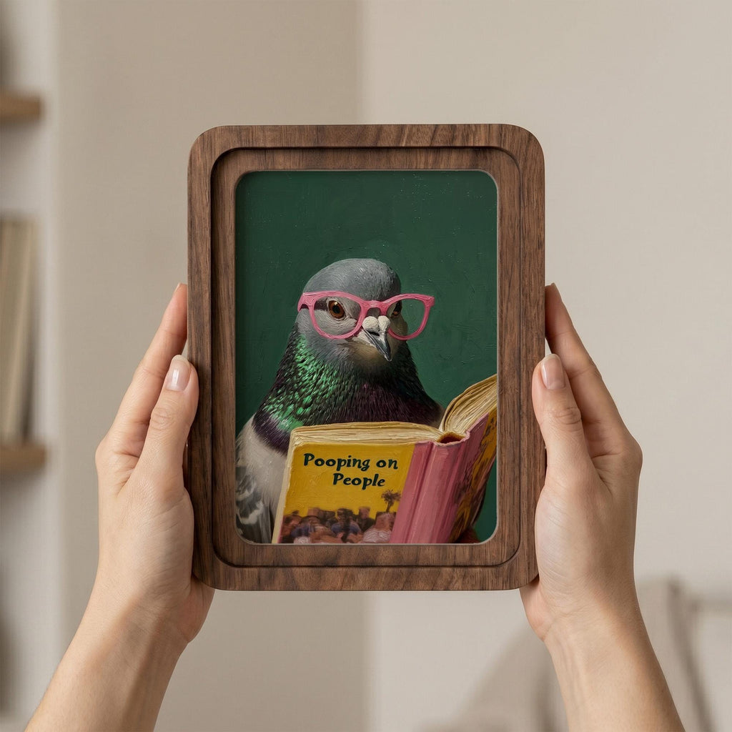 Funny Pigeon Wall Art, Humorous Bird Decor, Pooping on People Book Print, Framed Canvas Wood Art, Quirky Gift, Office Decor, Gag Gift Idea