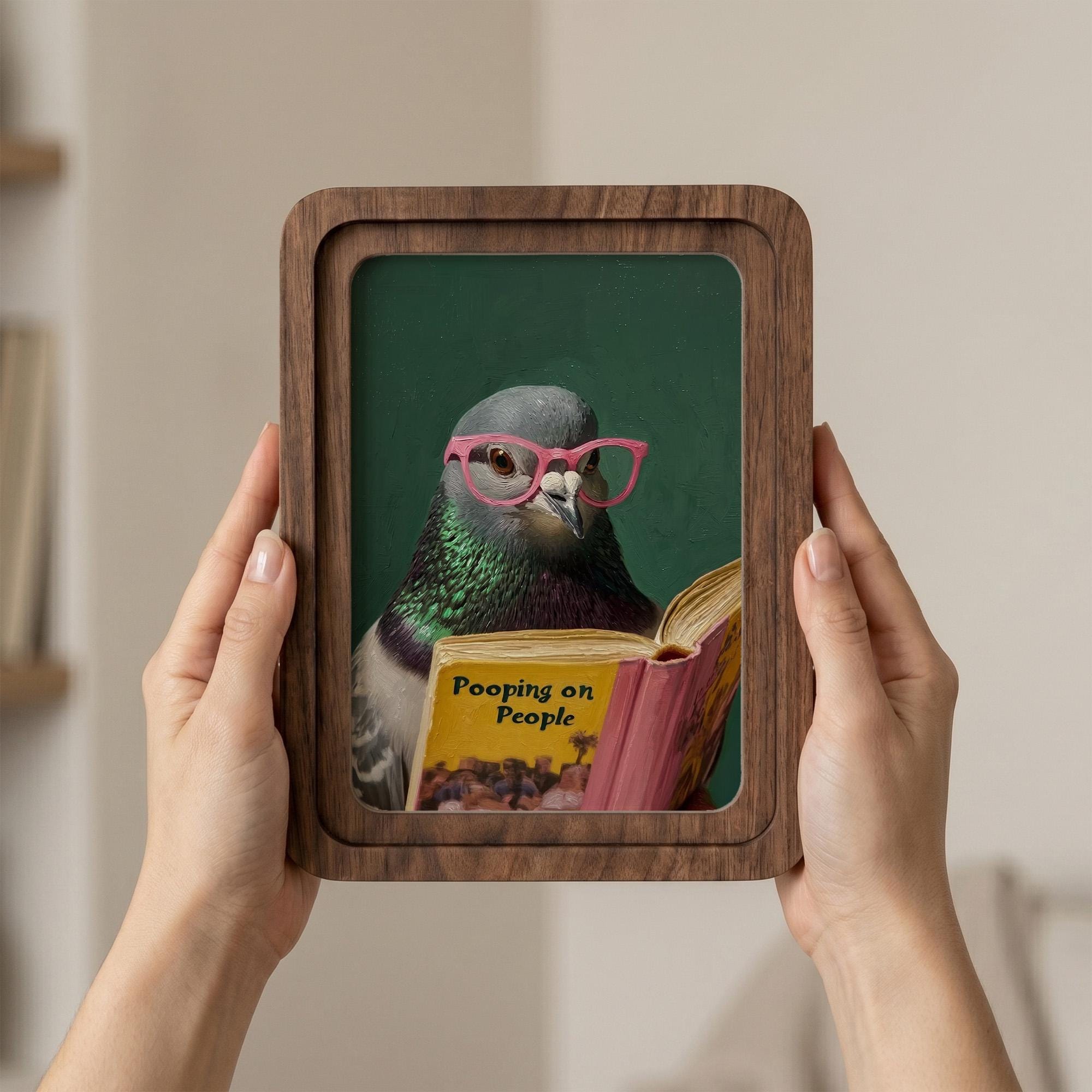 Funny Pigeon Wall Art, Humorous Bird Decor, Pooping on People Book Print, Framed Canvas Wood Art, Quirky Gift, Office Decor, Gag Gift Idea