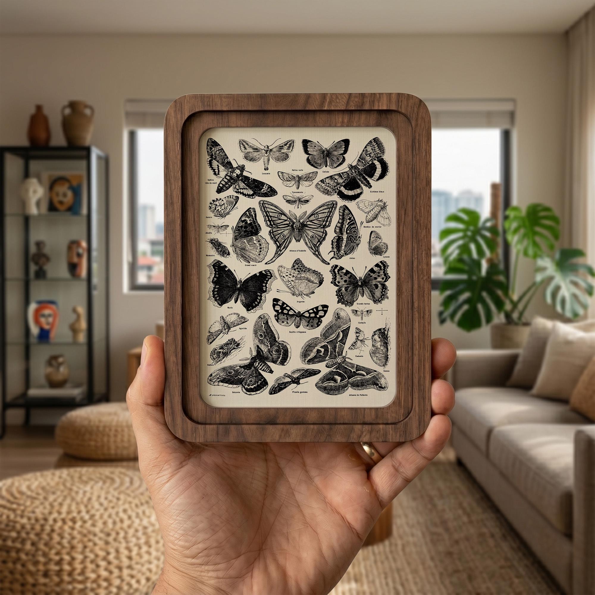 Butterfly Wall Art, Vintage Moth Print, Cottagecore Decor, Framed Canvas Wood Art, Entomologist Gift, Dark Academia Wall Decor, Nature Gift