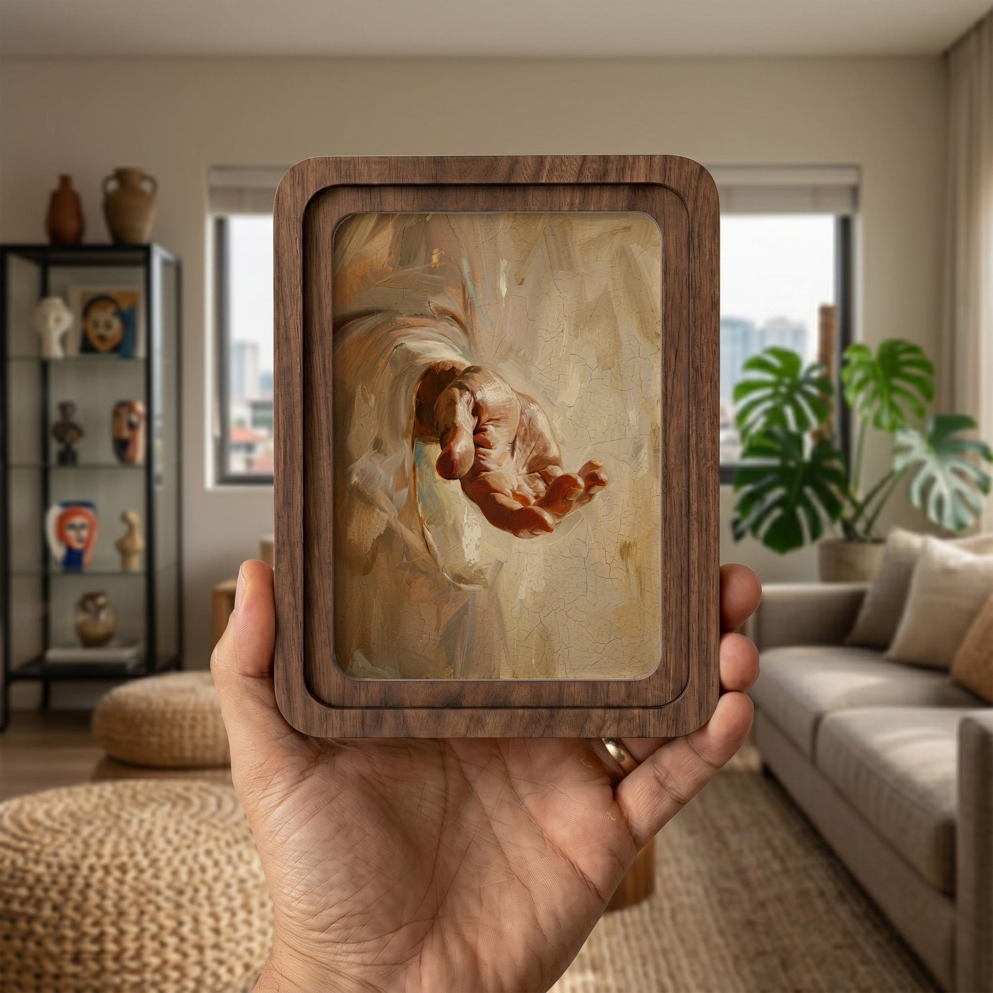 Jesus Hand Wall Art, Christian Home Decor, Reach Out Religious Painting, Framed Canvas Wood Art, Catholic Gift, Spiritual Office Decor, Gift
