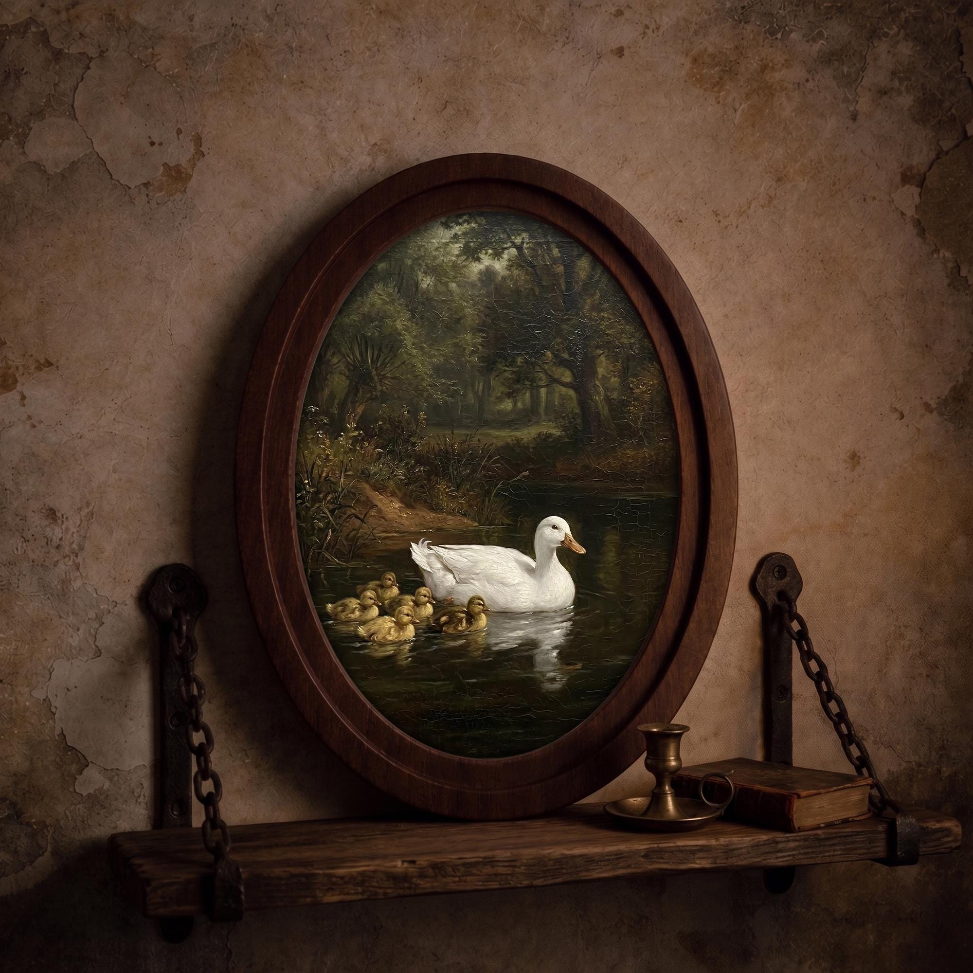 Vintage Duck Print, Duck Oil Painting, Oval Wood Frame, Duckling Wall Art, Cottagecore Decor, Oval Picture Frame, Antique River Landscape