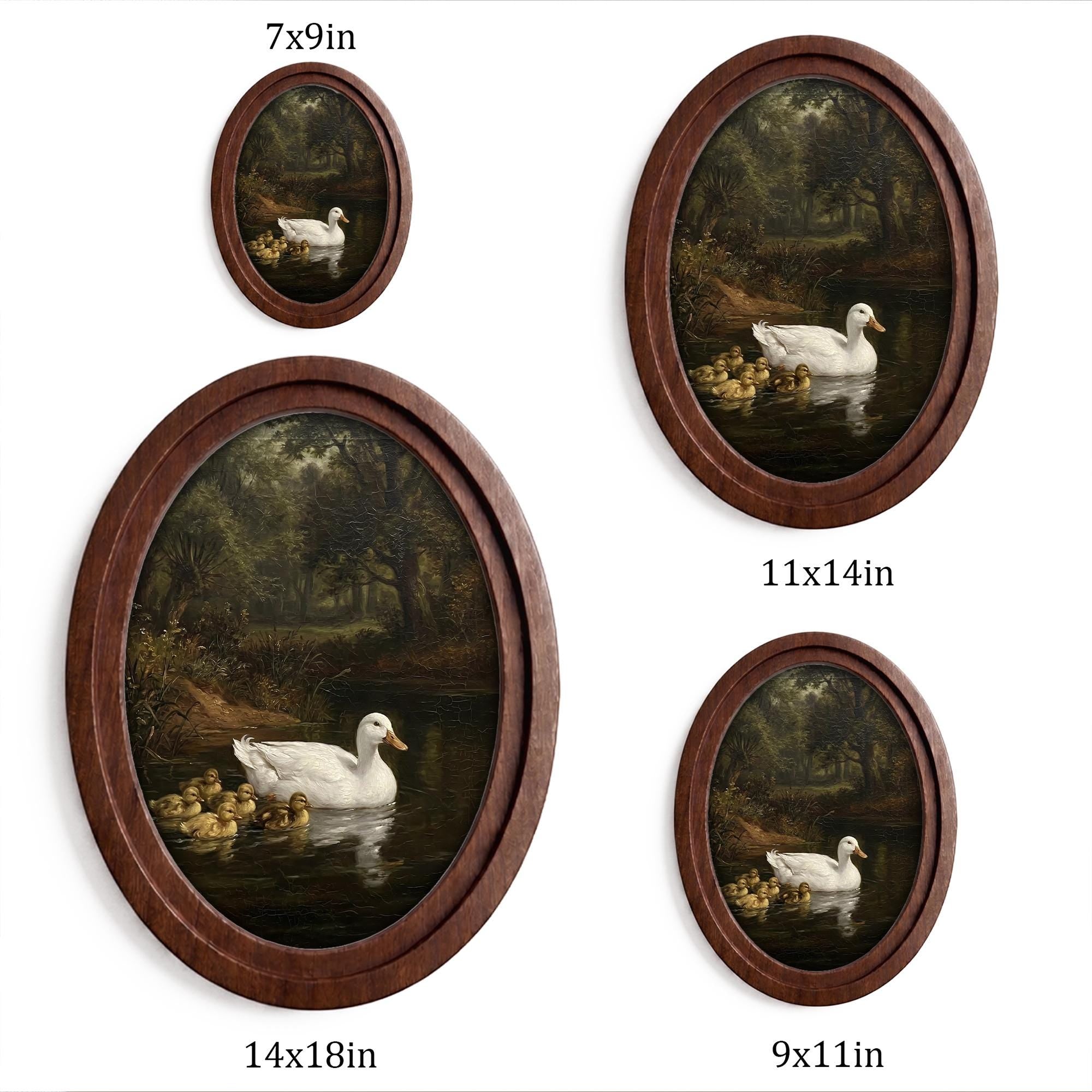 Vintage Duck Print, Duck Oil Painting, Oval Wood Frame, Duckling Wall Art, Cottagecore Decor, Oval Picture Frame, Antique River Landscape