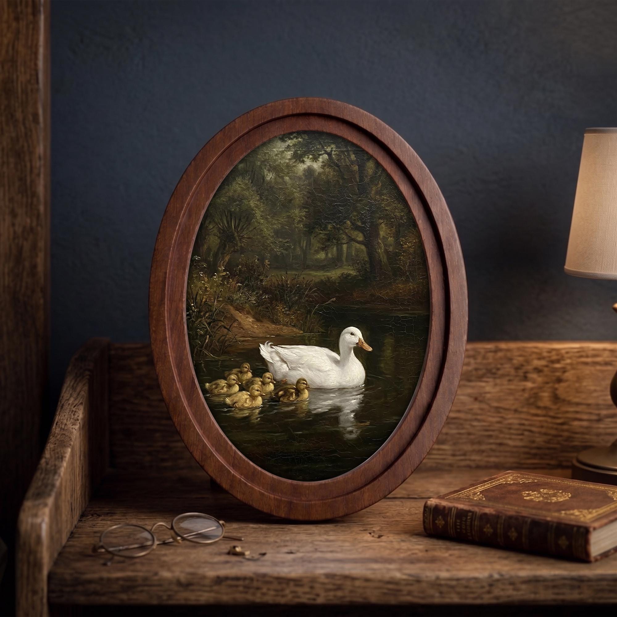 Vintage Duck Print, Duck Oil Painting, Oval Wood Frame, Duckling Wall Art, Cottagecore Decor, Oval Picture Frame, Antique River Landscape