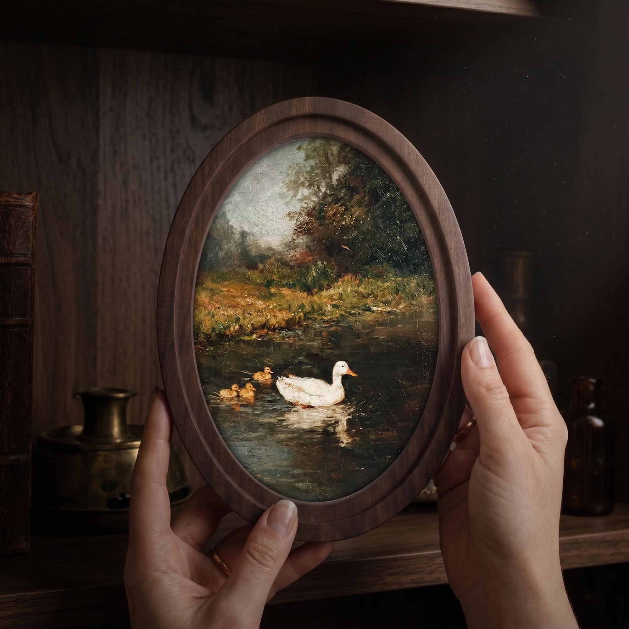 Vintage Duck Print, Duck Oil Painting, Oval Wood Frame, Duckling Wall Art, Cottagecore Decor, Oval Picture Frame, Antique River Landscape