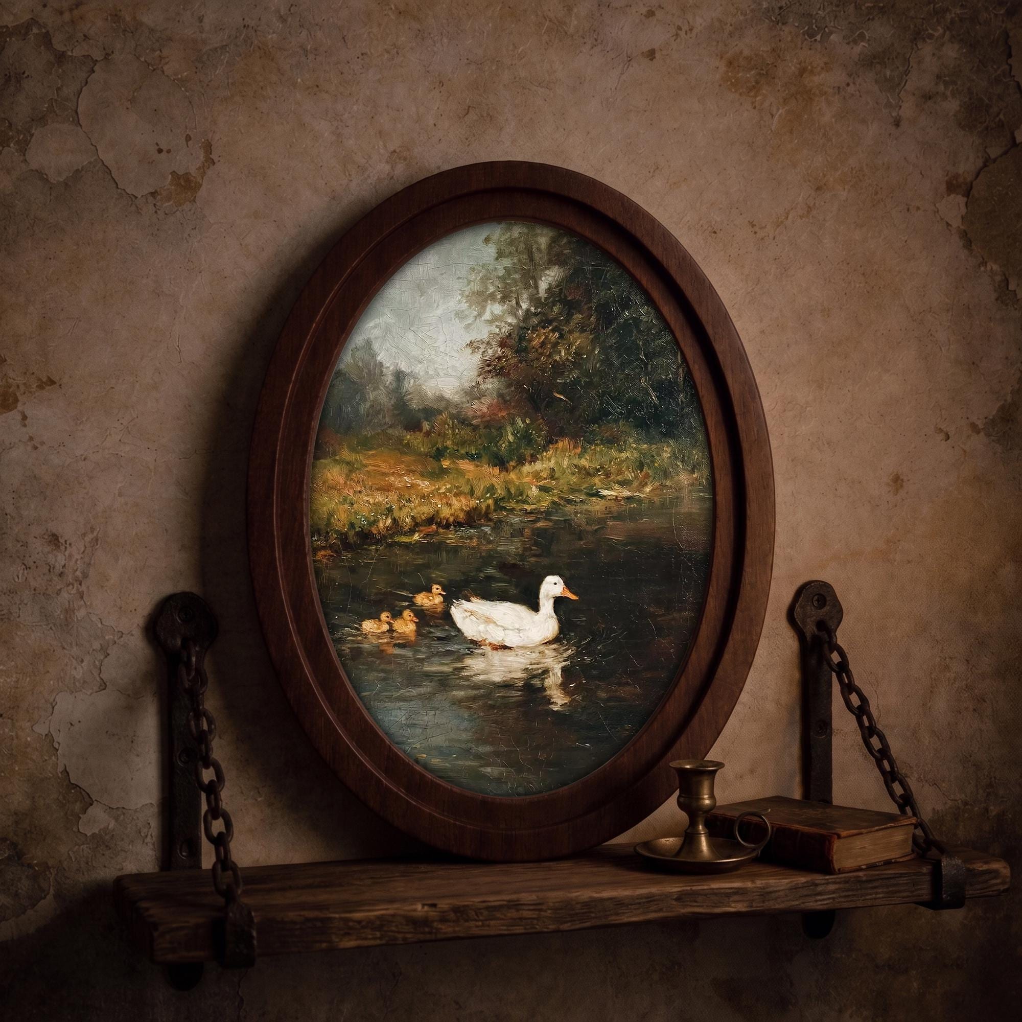 Vintage Duck Print, Duck Oil Painting, Oval Wood Frame, Duckling Wall Art, Cottagecore Decor, Oval Picture Frame, Antique River Landscape