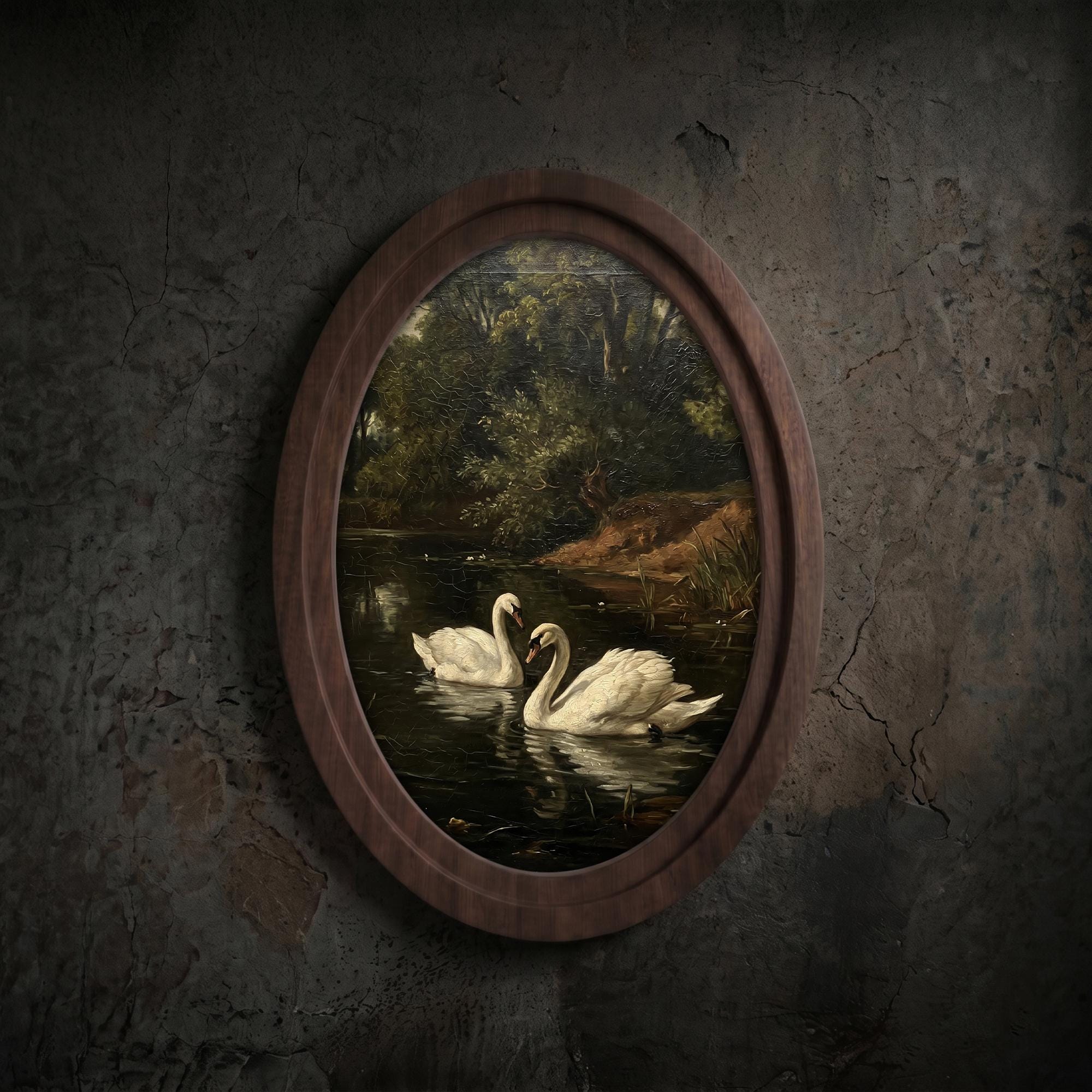 Swan Oil Painting, White Swan Wall Art, Oval Wood Frame, River Landscape Print, Cottagecore Decor, Oval Picture Frame, Antique Wildlife Art