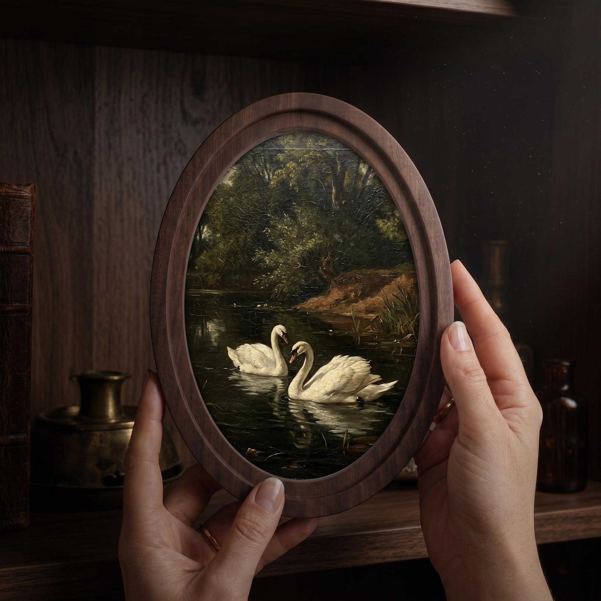 Swan Oil Painting, White Swan Wall Art, Oval Wood Frame, River Landscape Print, Cottagecore Decor, Oval Picture Frame, Antique Wildlife Art