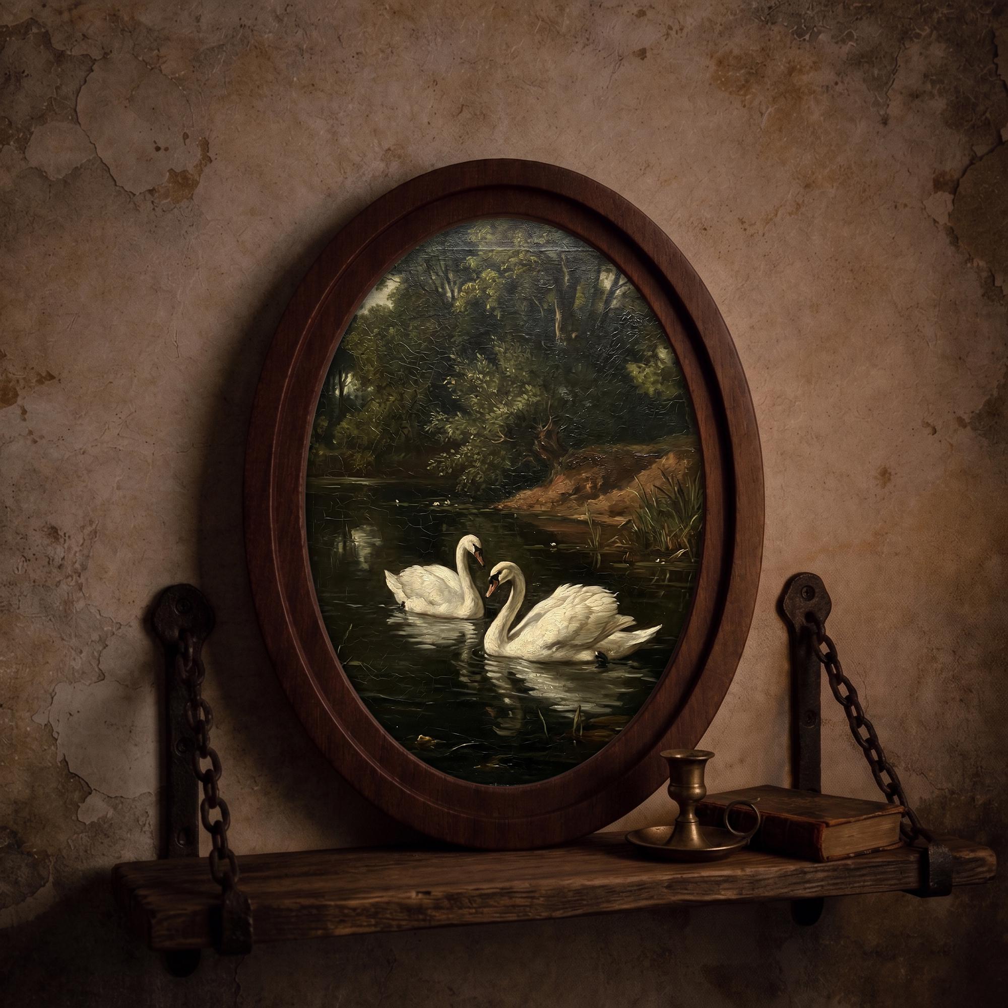 Swan Oil Painting, White Swan Wall Art, Oval Wood Frame, River Landscape Print, Cottagecore Decor, Oval Picture Frame, Antique Wildlife Art