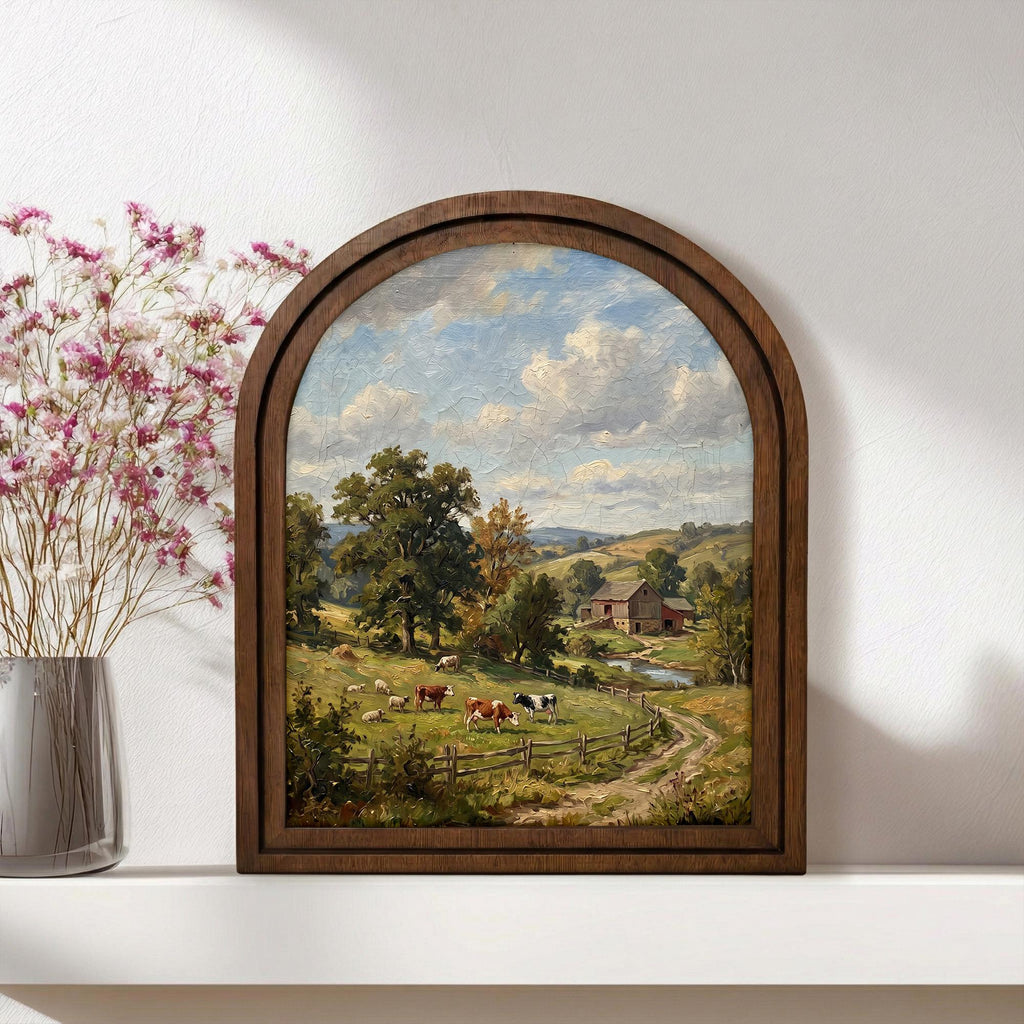 Farmhouse Wall Art, Country Landscape, Arched Wood Frame, Red Barn Painting, Cow Canvas Print, Arched Picture Frame, Antique Pastoral Decor