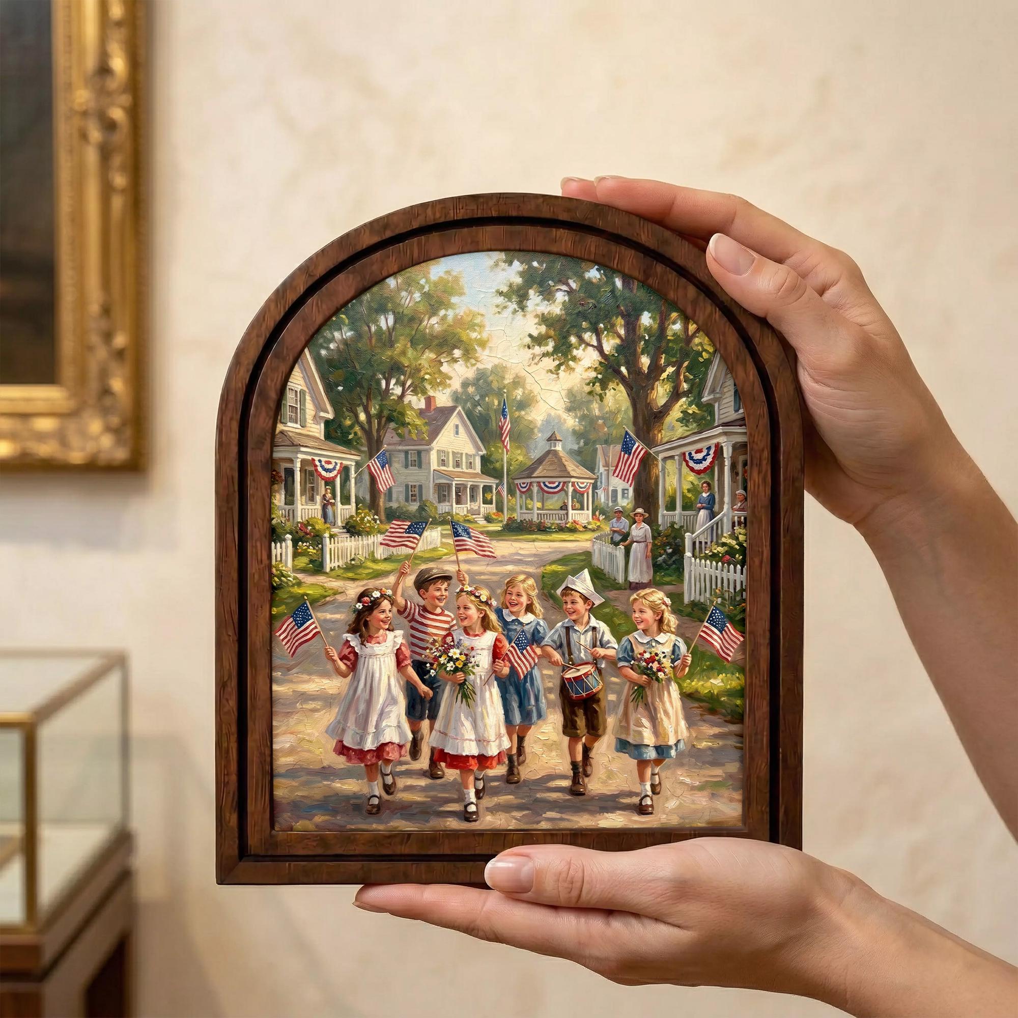 4th of July Art, Patriotic Decor, Arched Wood Frame, Americana Painting, Vintage Kids Print, Arched Picture Frame, Memorial Day Wall Art