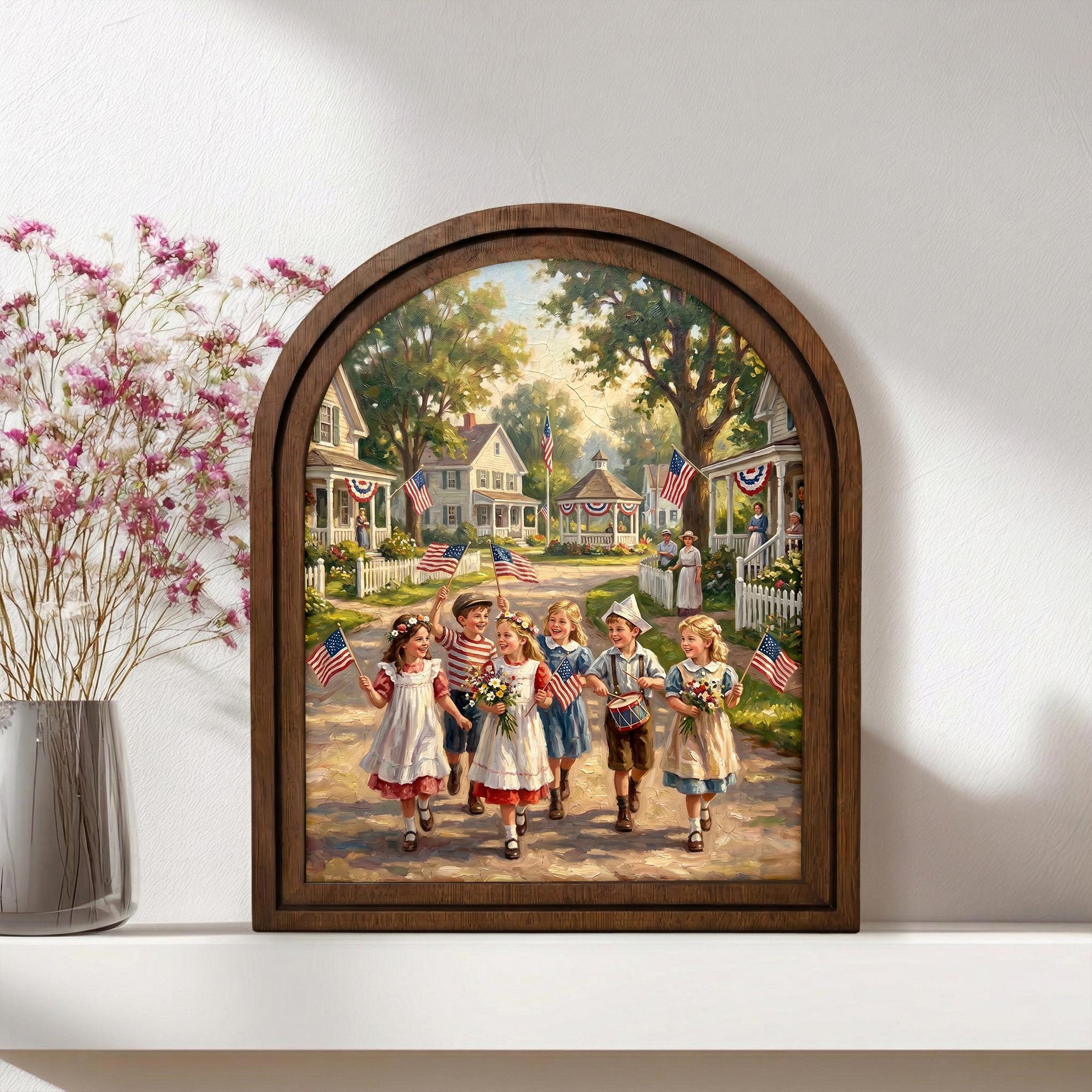 4th of July Art, Patriotic Decor, Arched Wood Frame, Americana Painting, Vintage Kids Print, Arched Picture Frame, Memorial Day Wall Art