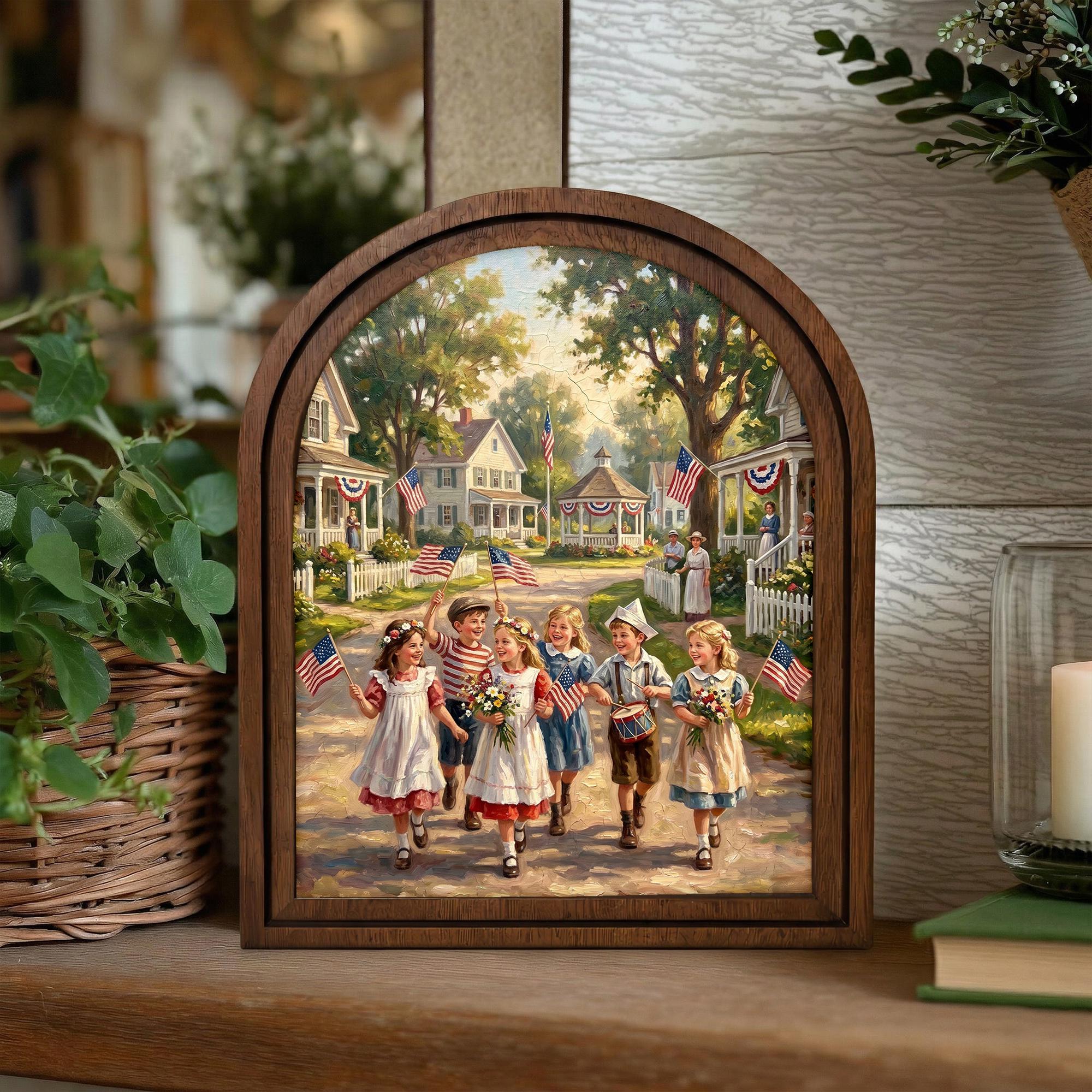 4th of July Art, Patriotic Decor, Arched Wood Frame, Americana Painting, Vintage Kids Print, Arched Picture Frame, Memorial Day Wall Art