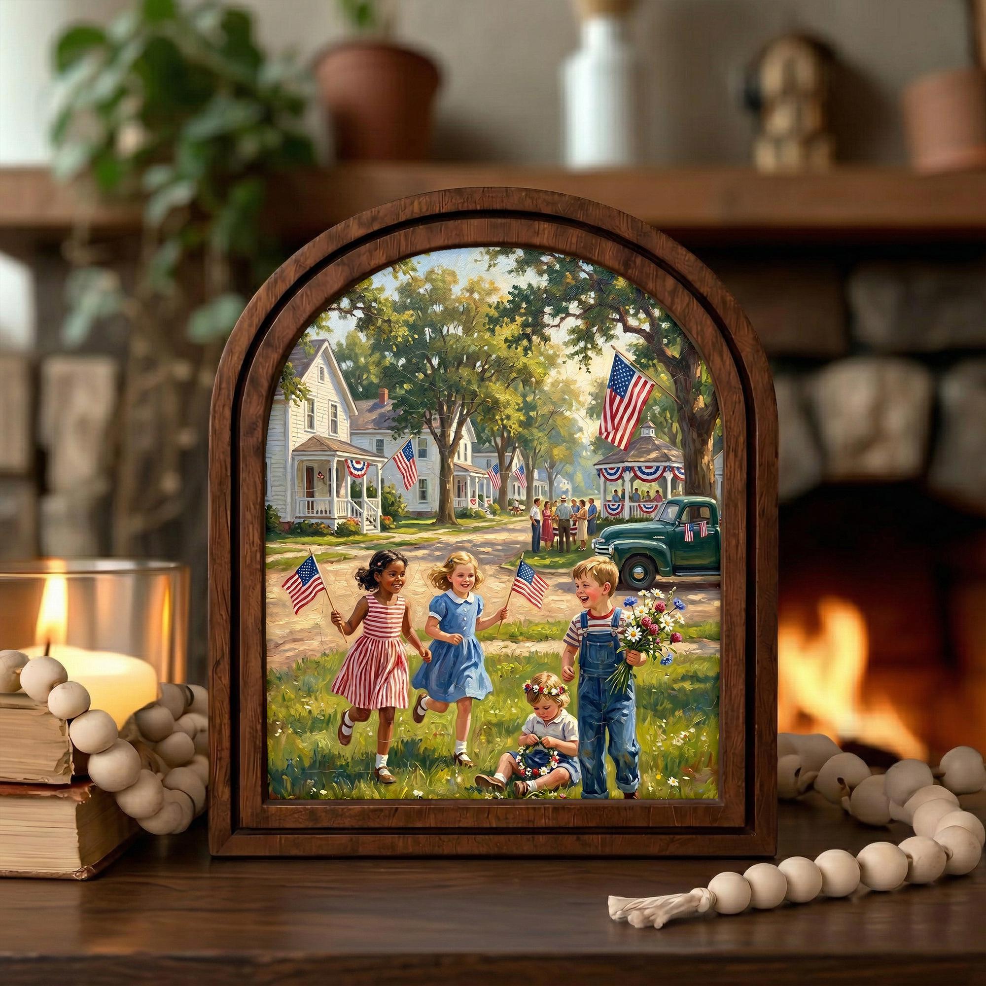 4th of July Art, Patriotic Decor, Arched Wood Frame, Americana Painting, Vintage Kids Print, Arched Picture Frame, Memorial Day Wall Art