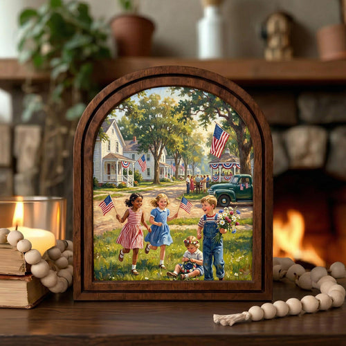 4th of July Art, Patriotic Decor, Arched Wood Frame, Americana Painting, Vintage Kids Print, Arched Picture Frame, Memorial Day Wall Art