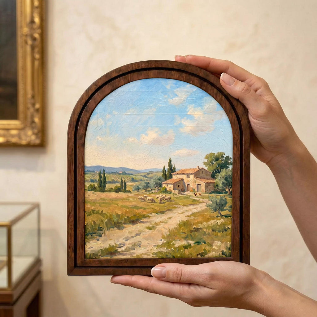 Tuscany Landscape, Italian Villa Art, Arched Wood Frame, Countryside Oil Painting, European Decor, Arched Picture Frame, Mediterranean Print