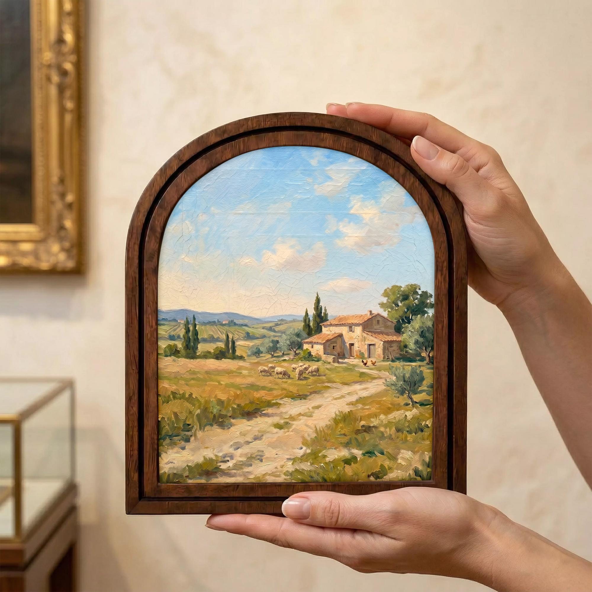 Tuscany Landscape, Italian Villa Art, Arched Wood Frame, Countryside Oil Painting, European Decor, Arched Picture Frame, Mediterranean Print