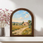 Tuscany Landscape, Italian Villa Art, Arched Wood Frame, Countryside Oil Painting, European Decor, Arched Picture Frame, Mediterranean Print
