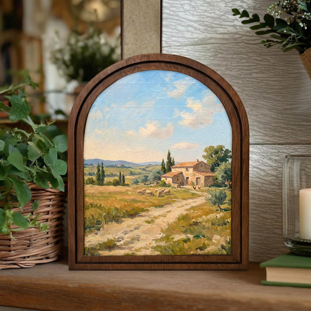 Tuscany Landscape, Italian Villa Art, Arched Wood Frame, Countryside Oil Painting, European Decor, Arched Picture Frame, Mediterranean Print