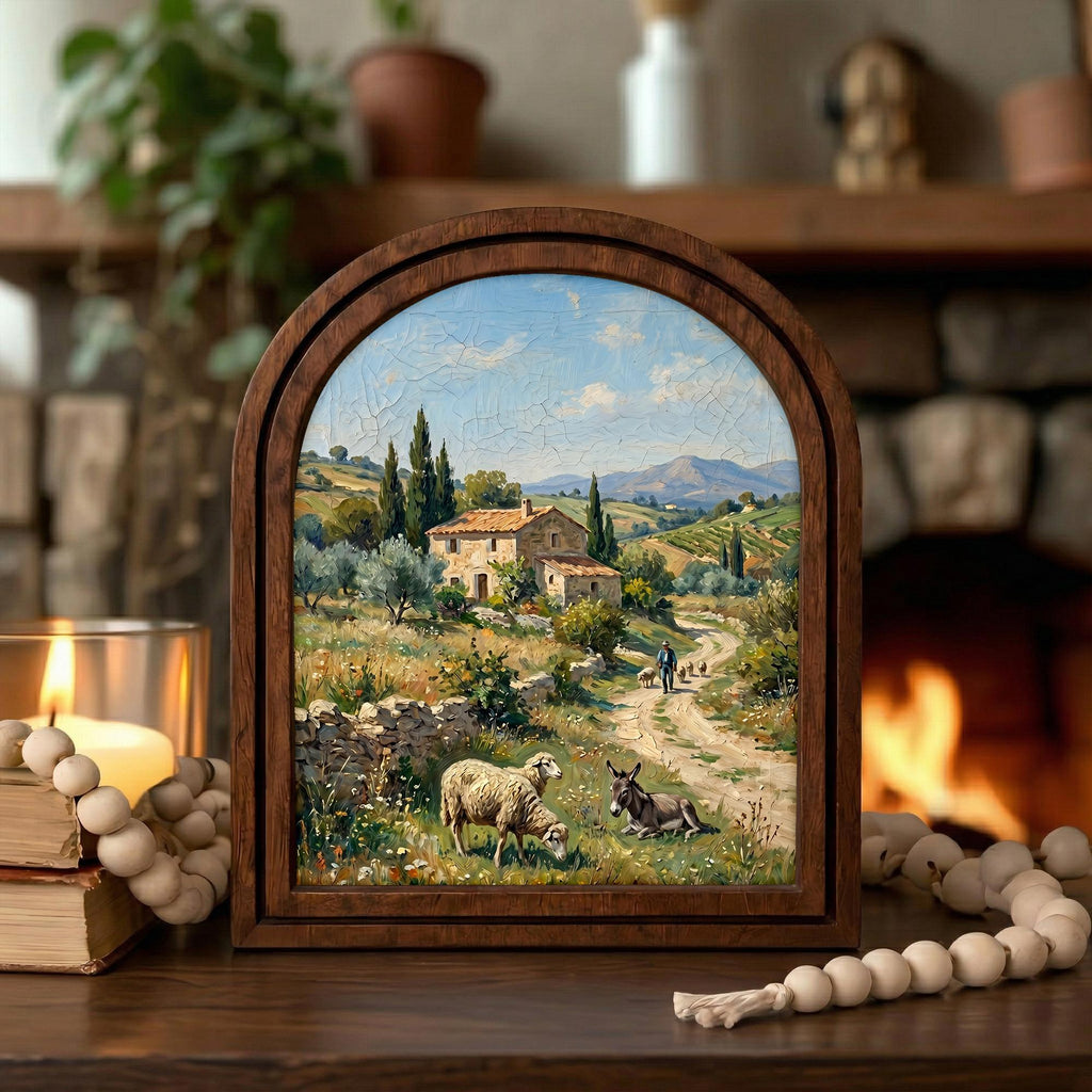 Tuscany Landscape, Countryside Art, Arched Wood Frame, Vintage Donkey Print, Sheep Oil Painting, Arched Picture Frame, European Farmhouse