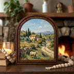 Tuscany Landscape, Countryside Art, Arched Wood Frame, Vintage Donkey Print, Sheep Oil Painting, Arched Picture Frame, European Farmhouse
